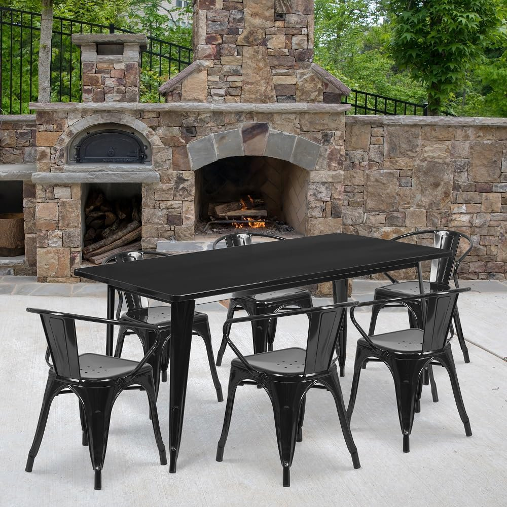 Flash Furniture Oakley Commercial Grade 31.5" x 63" Rectangular Silver Metal Indoor-Outdoor Table Set with 6 Arm Chairs
