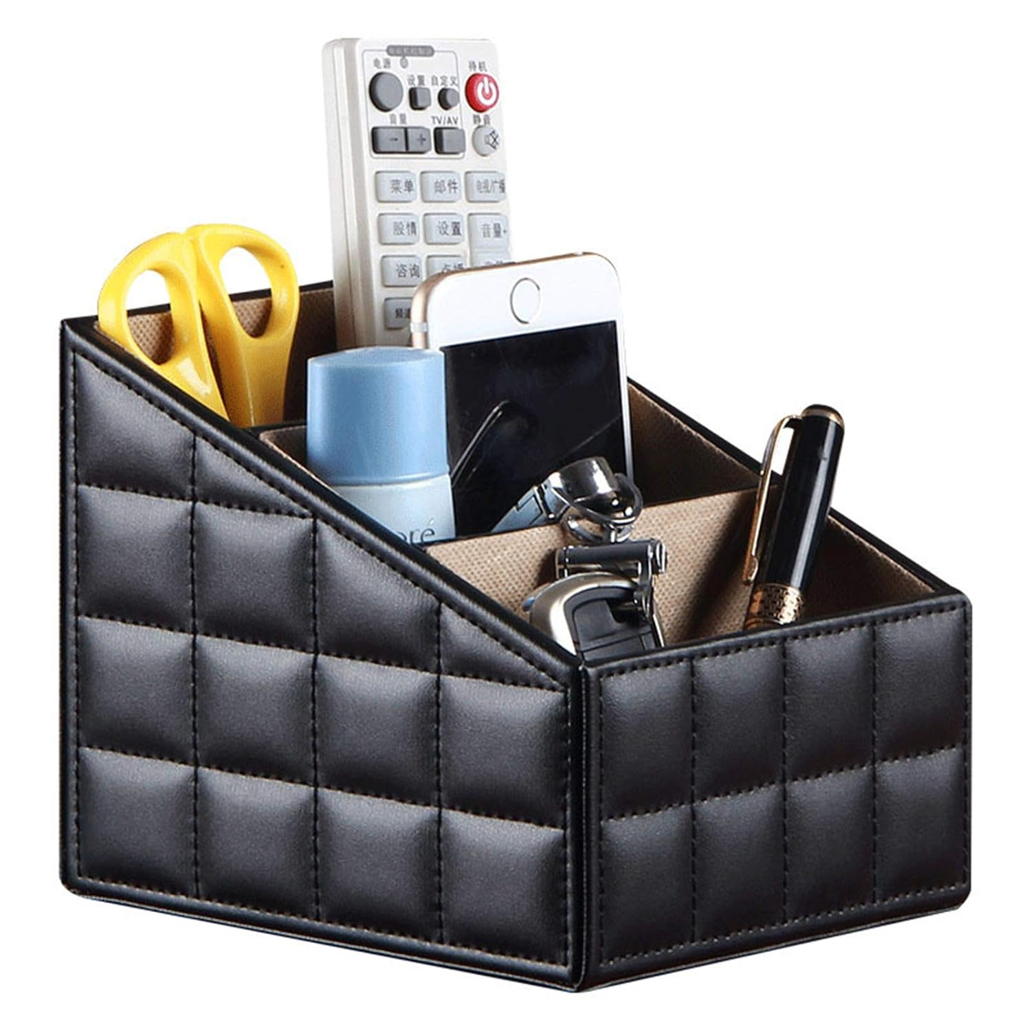 Fashionable PU Leather TV Remote Control Holder with 3 Compartments, Storage Rack, Storage Box, Media Accessory Storage, Desk Organizers (Blakc ge)