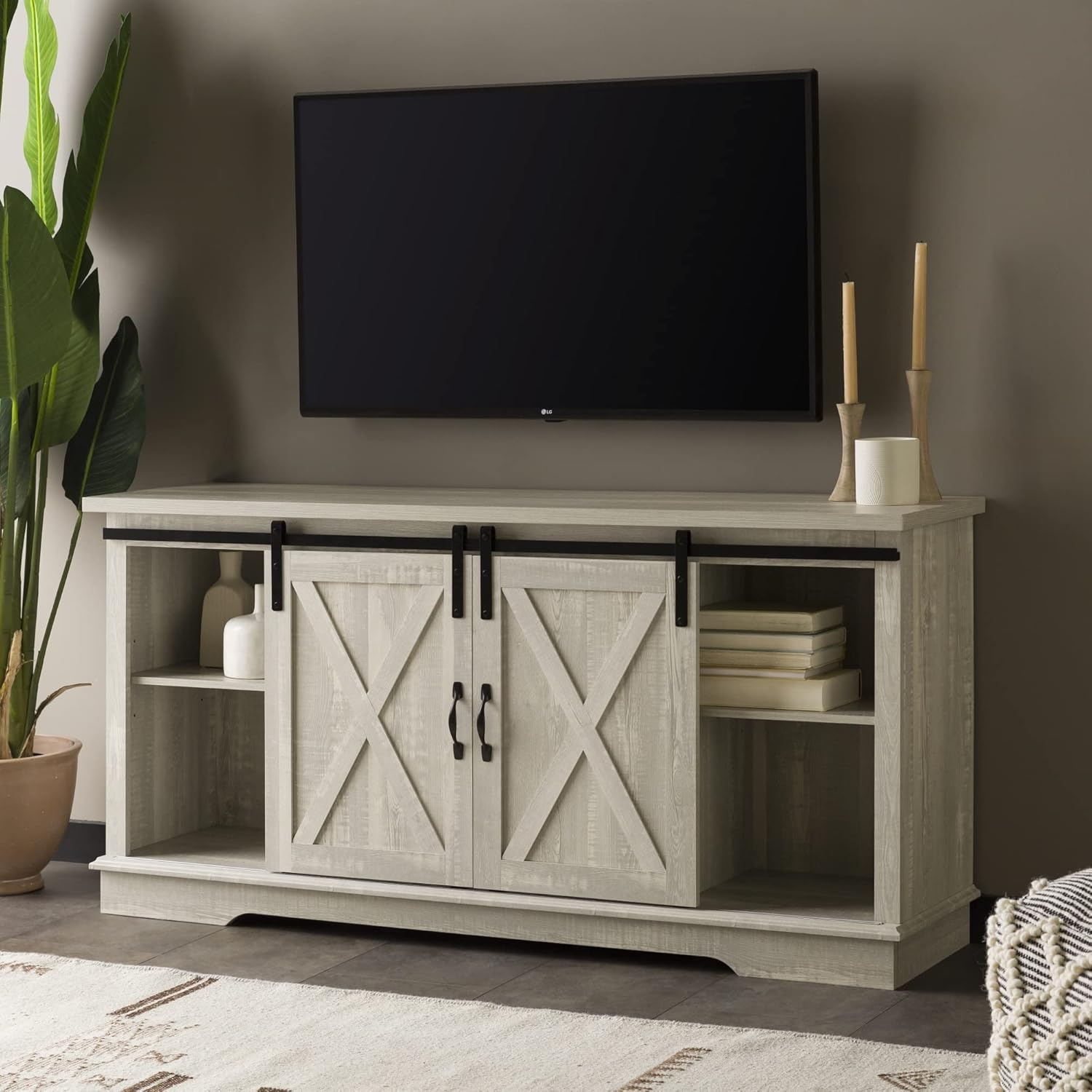 Stone Grey Modern Farmhouse 58" TV Stand with Barn Door Cabinets