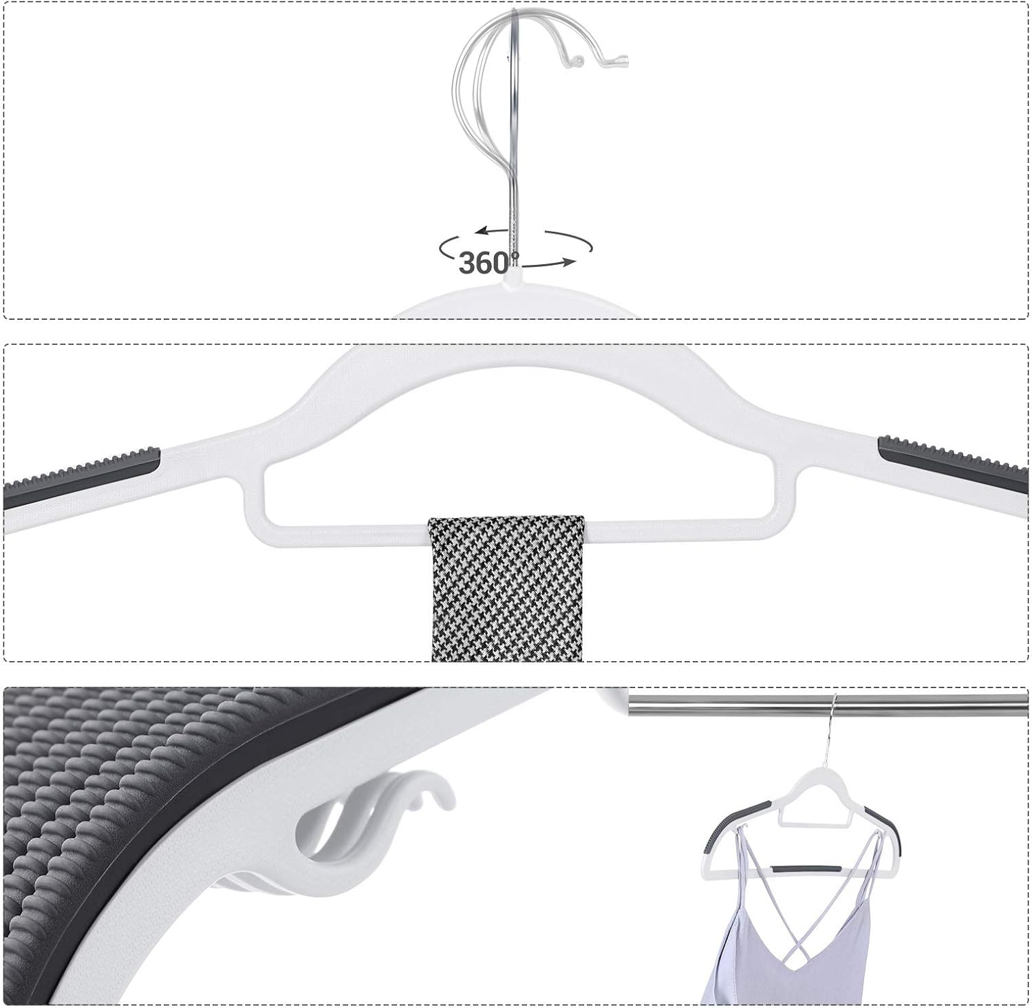 SONGMICS Pack of 30 Coat Hangers, Heavy-Duty Plastic Hangers, Non-Slip, Space-Saving Clothes Hangers, 0.2 Inches Slim, 16.5 Inches Wide, 360° Swivel Silver Hook, White and Dark Gray UCRP20WG30