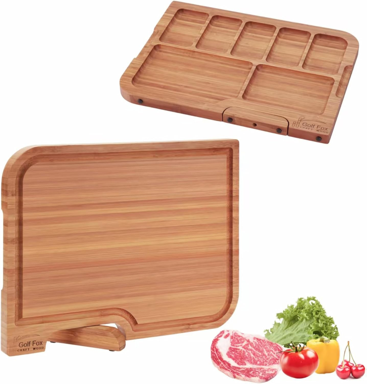 Golf-Fox XL Bamboo Cutting Board - Wood Cutting Board with Stand, Double-Sided: Chopping Board and Charcuterie Board, Kitchen Gift for Home Cooks, For Meat &Fruit