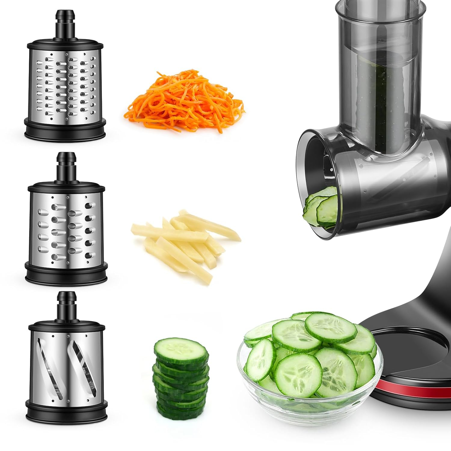 Slicer Shredder Attachments for AMZCHEF Slow Masticating Juicer ZM1501&GM3001 Rotary Cheese Grater Mandoline Vegetable Slicer for Fruit,Vegetables,Nuts with 3 Interchangeable Blades (Stainless Steel)