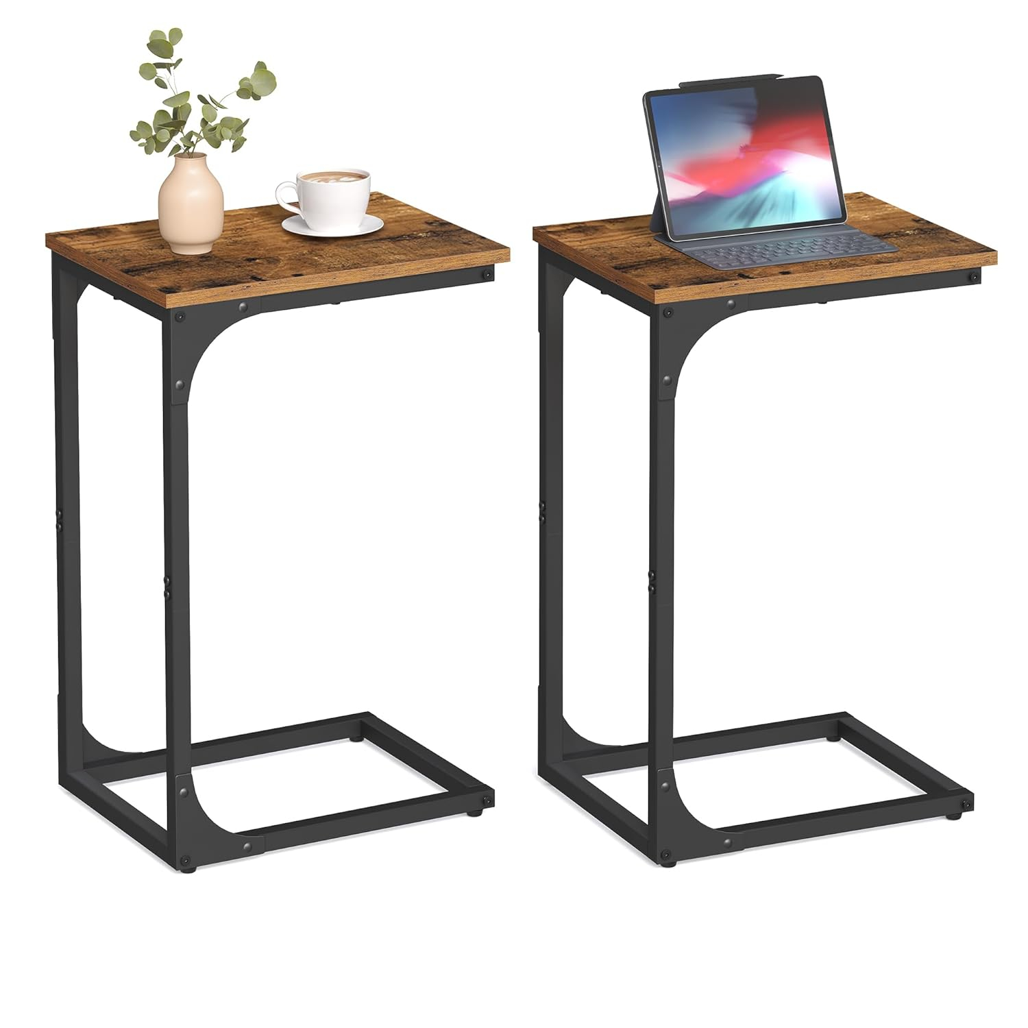 VASAGLE C-Shaped End Table, Small Side Table for Couch, Sofa Table with Metal Frame for Living Room, Bedroom, Bedside, Rustic Brown and Black ULET350B01