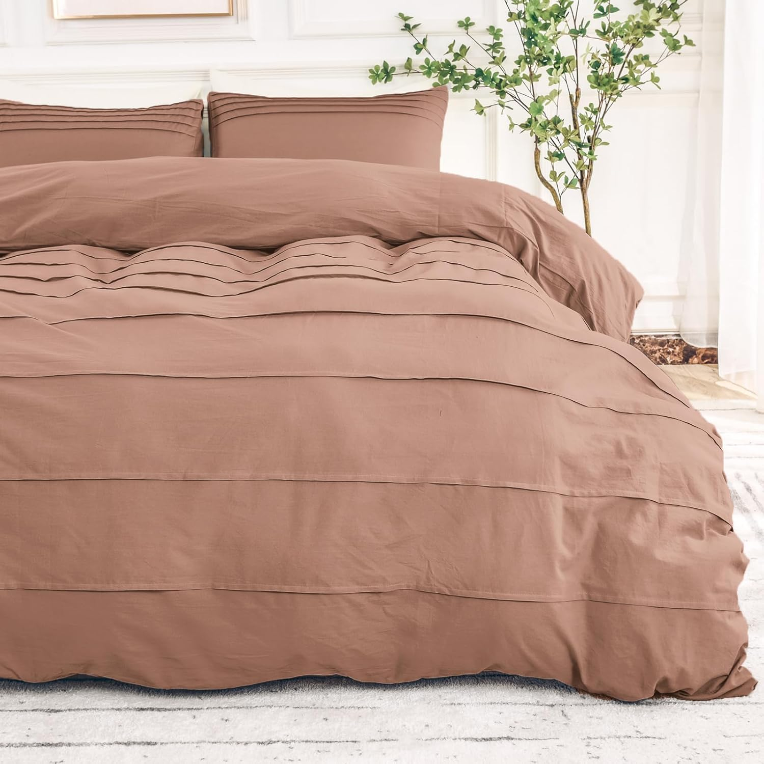NEXHOME PRO Duvet Cover Set 100% Washed Cotton Oversized Queen 98"x98", Organic Natural Linen Look Textured 3 Pieces Bedding Set Apricot Yellow with Zipper Closure, Breathable, Soft (No Comforter)