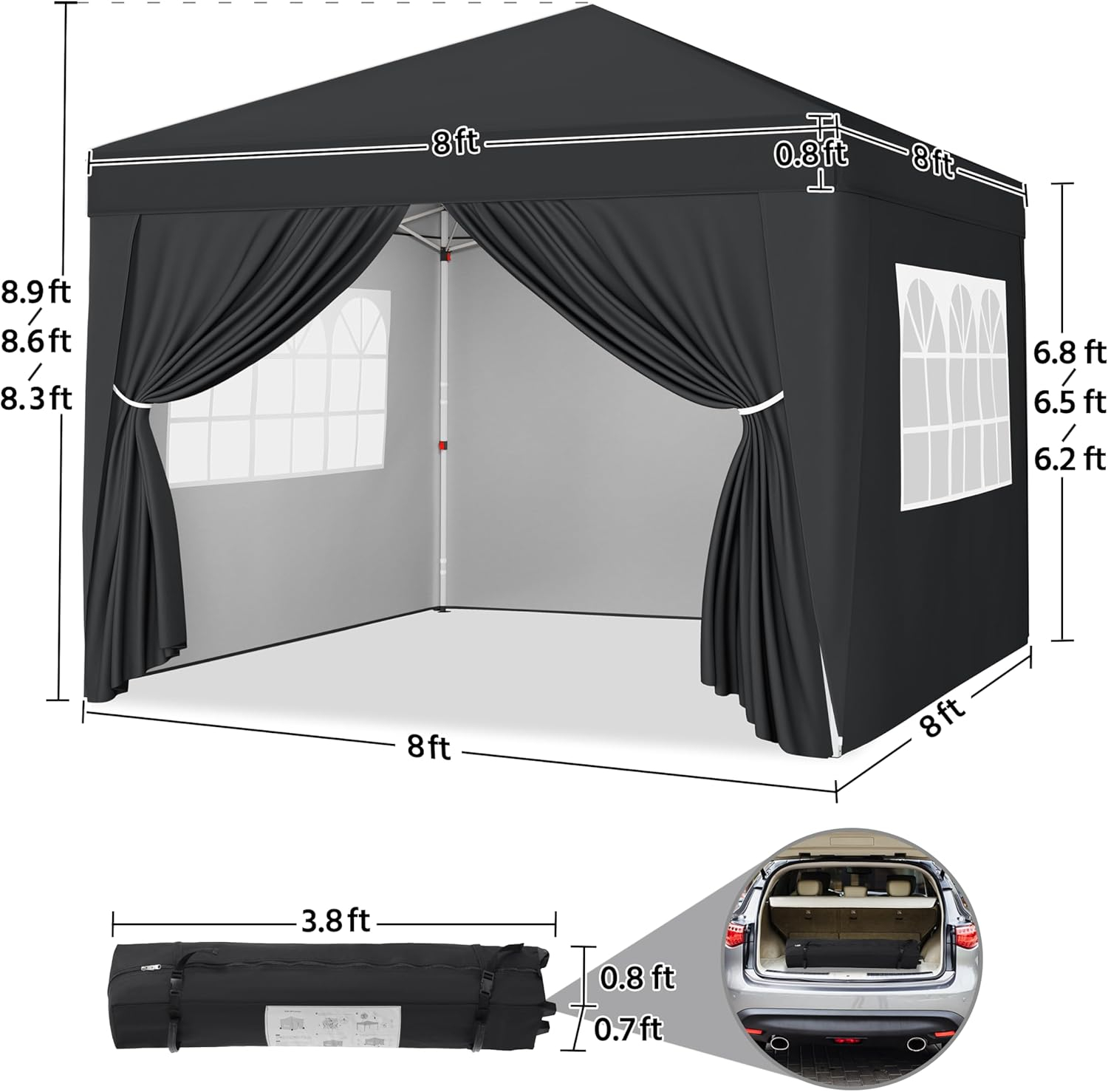 Yaheetech 8x8 Pop Up Canopy with 4 Removable Sidewalls, Portable Enclosed Instant Tent, Waterproof Outdoor Tent, Beach Sun Shelter with 4 Sandbags, 8 Stakes & 4 Ropes, Black