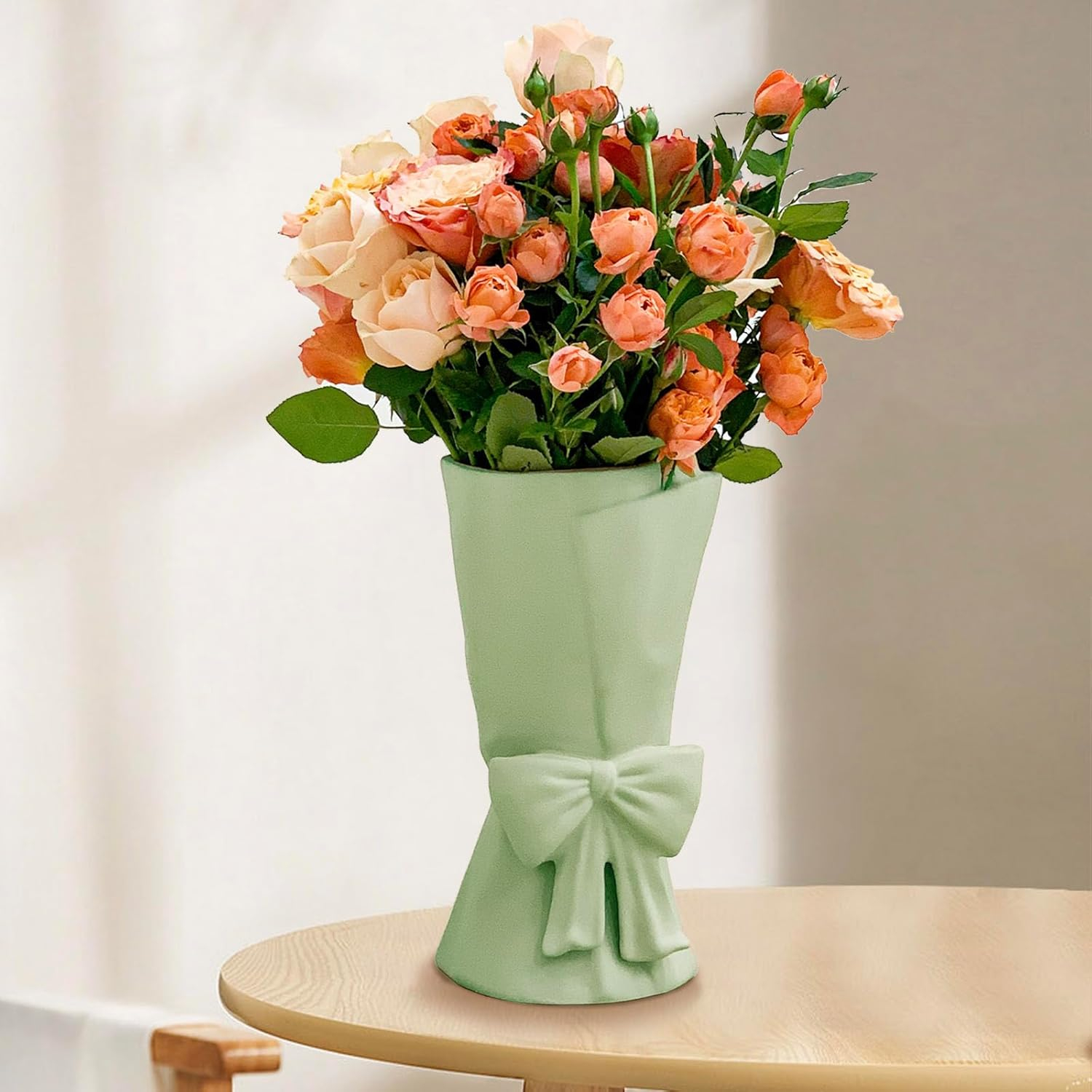 Green Ceramic Bow Vase 9.64 in Unique Cute Modern Decorative Bouquet Flower Vases for Home Living Room Table Decor Women Girl Gifts
