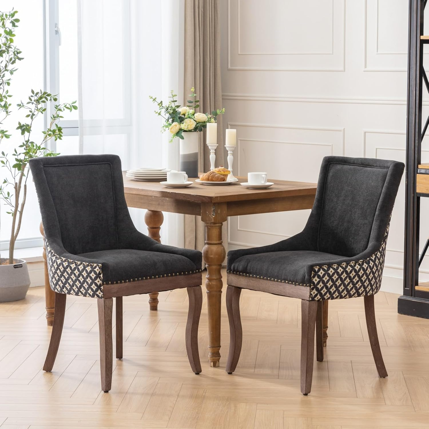 Upholstered Dining Chairs Set of 2, Solid Wood Kitchen Dining Room Chairs with Thicken Padded and Nailhead Trim for Home Kitchen Bedroom Black and Patterned