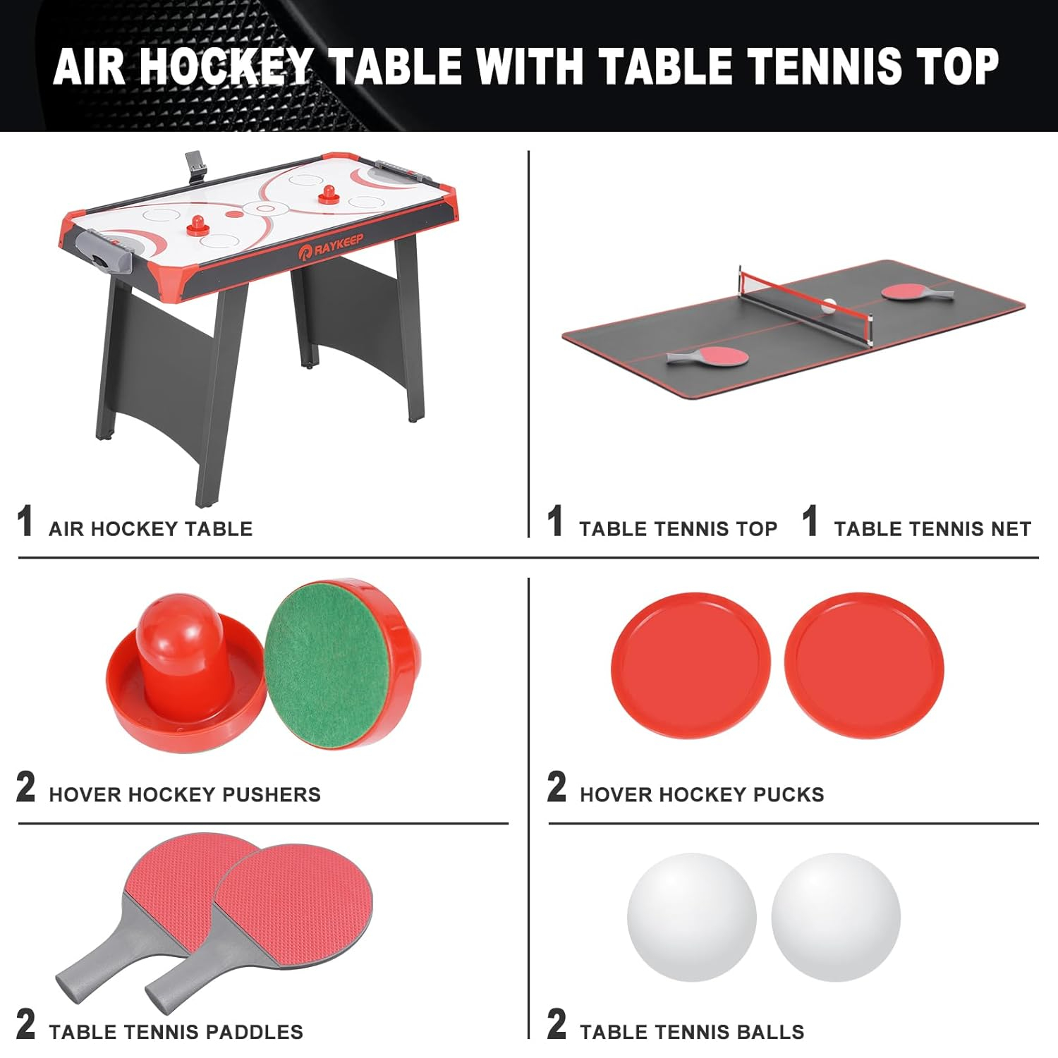 RayChee 48'' Black and Red MDF 2-in-1 Air Hockey and Table Tennis Game Table