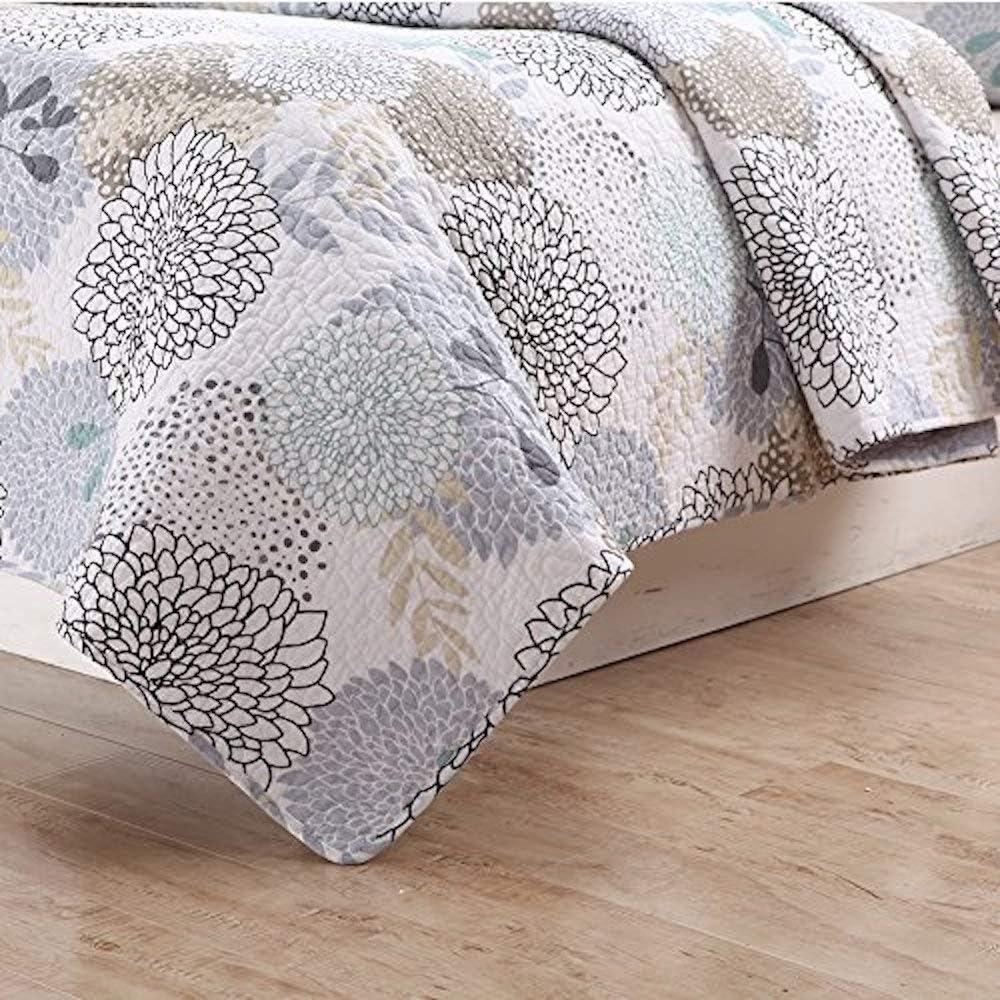 Finely Stitched Carolina Floral Quilt Set - Garden Blooms of Blue Gray Teal Taupe and Tan Flowers - King