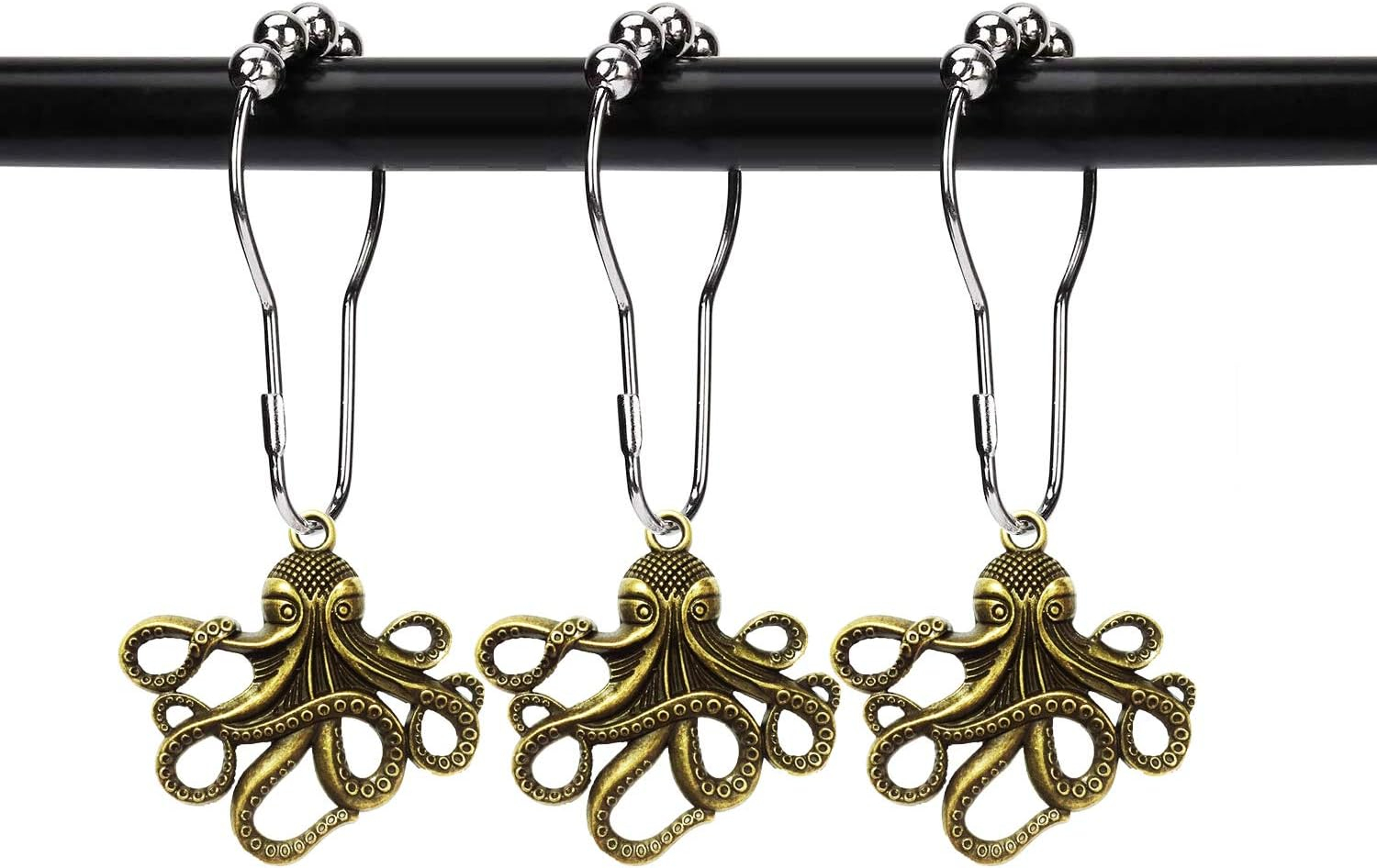 Set of 12 Octopus Shower Curtain Hooks Decorative Home Bathroom Squid Sea Creature Beast Stainless Steel Rustproof Brushed Nickel Rings with Octopus Decorative Accessories (Silver)