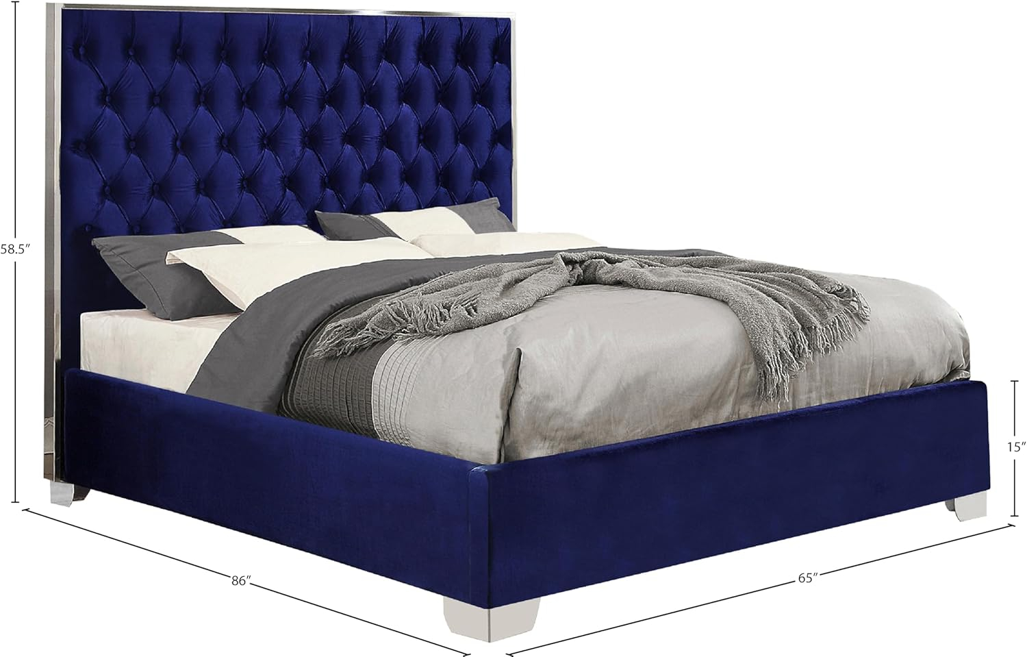 Meridian Furniture Lexi Collection Modern | Contemporary Velvet Upholstered Bed with Deep Tufting, Polished Chrome Stainless Steel Frame and Legs, Queen, Navy