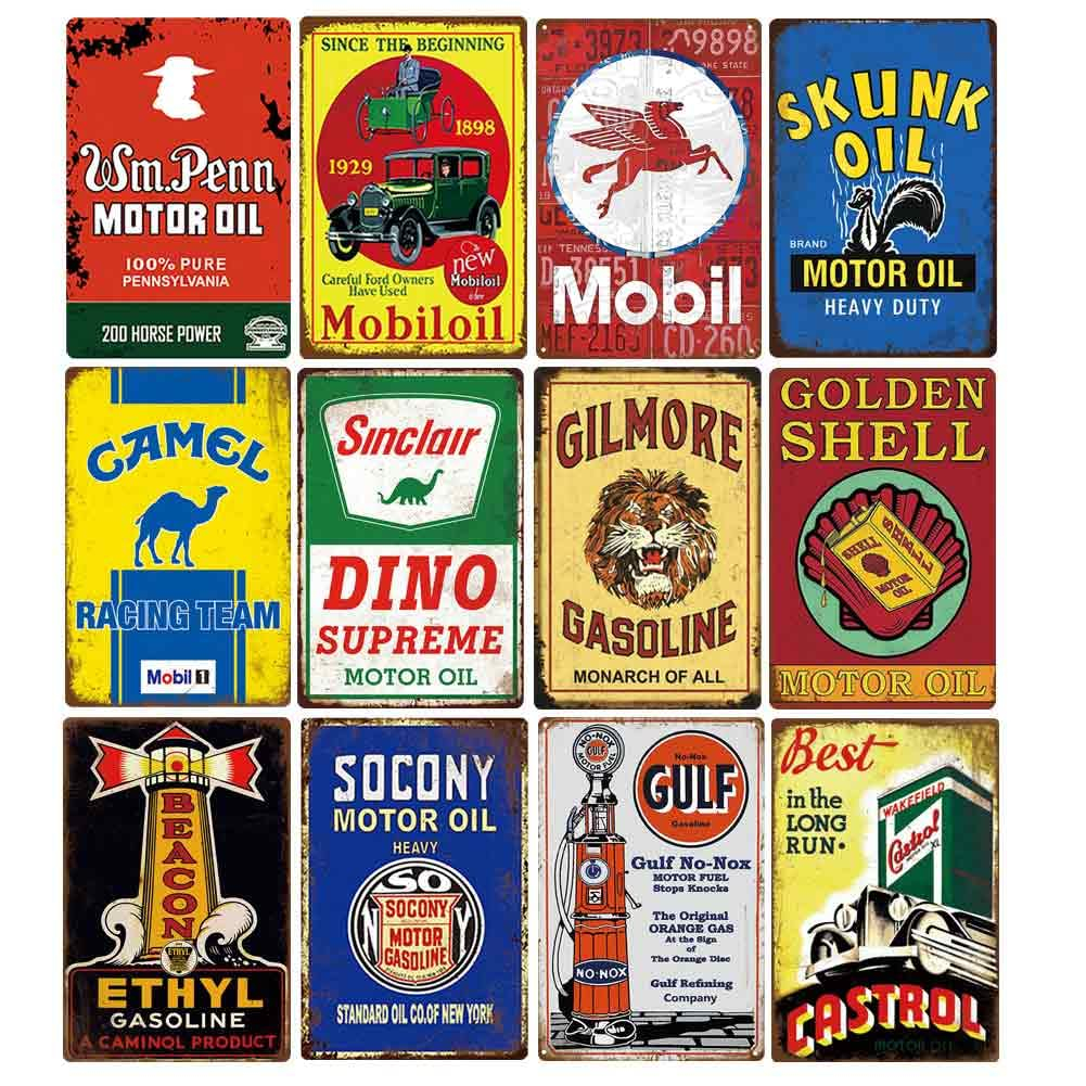 12-Piece Vintage Metal Gas and Oil Garage Wall Signs