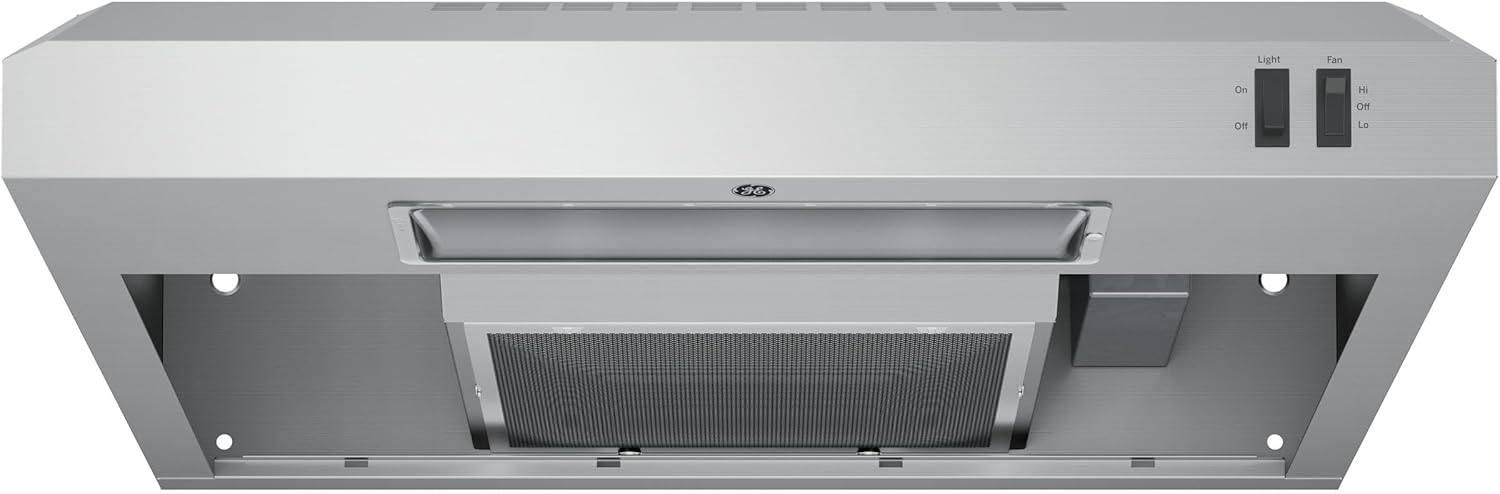 GE 24in. Under Cabinet Range Hood, convertible Duct, 2 Speed Exhaust Fan, Front Control and Reusable Filter, Stainless Steel