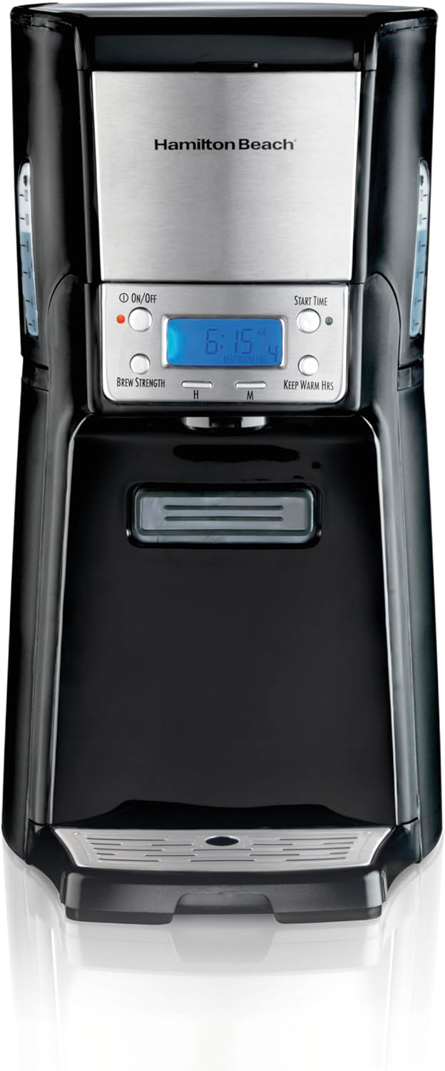 One Press Programmable Dispensing Drip Coffee Maker with 12 Cup Internal Brew Pot, Water Reservoir, Black with Chrome (48464)