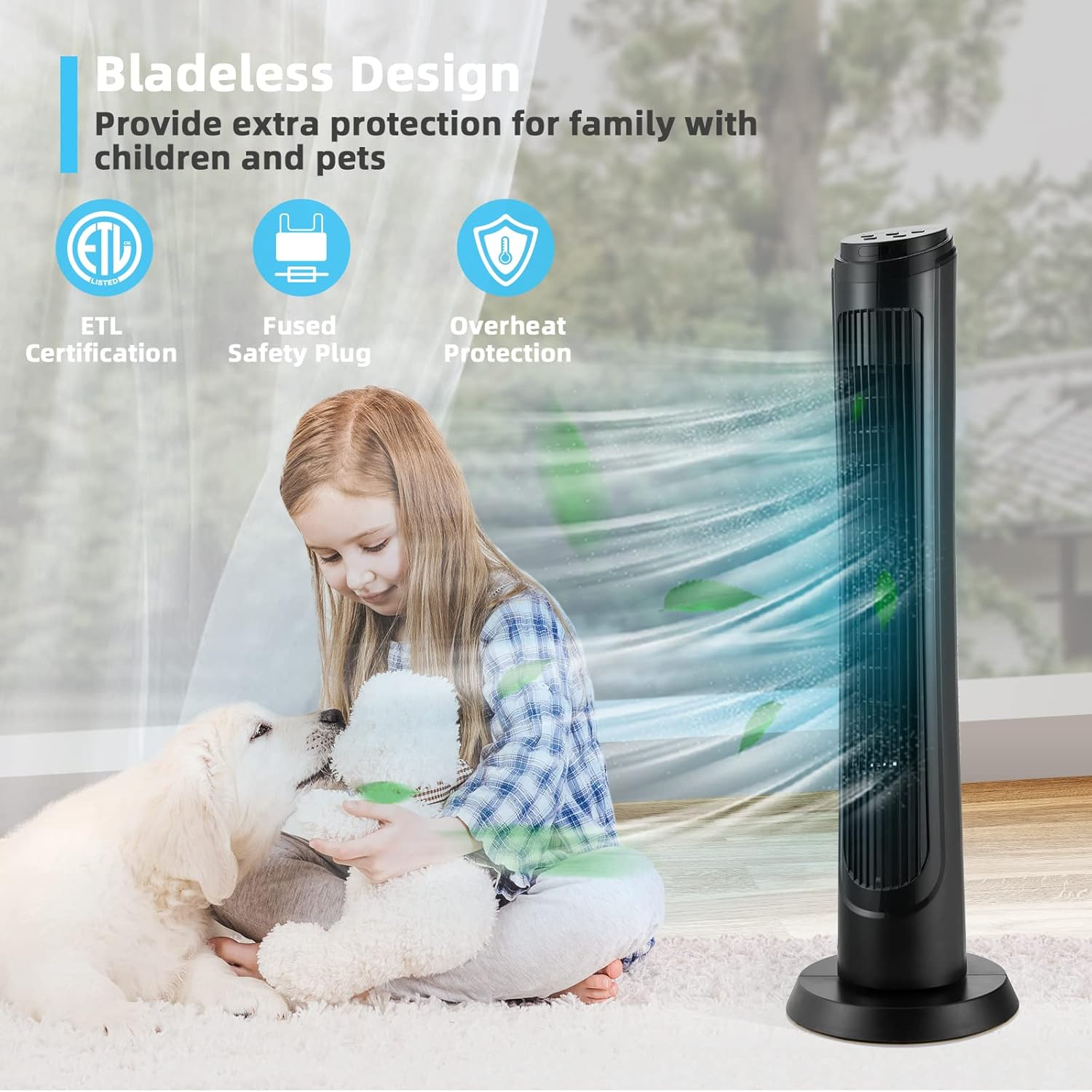 Topcobe 40" Tower Fan with Remote 75˚ Oscillating Fan with 3 Wind Modes and 4 Wind Speeds, Smart Floor Fans for Bedroom, Standing Bladeless Fan, Black
