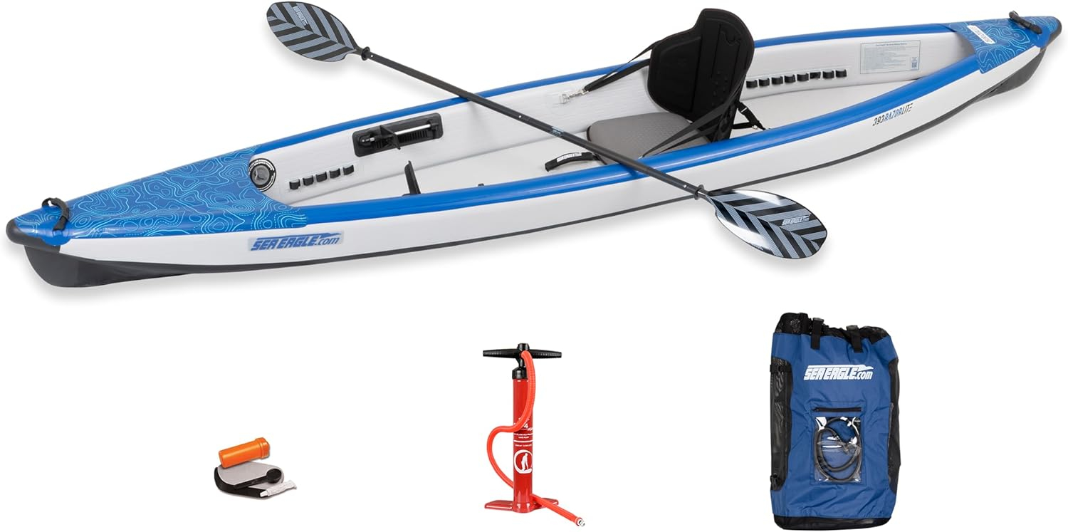 Sea Eagle RazorLite Inflatable Kayak - Lightweight, Drop Stitch, High Speed Inflatable Kayak for Touring - Solo or Tandem - w/Tall Back Seat(s), Paddle(s), Backpack, Skeg & Pump - Pro Package