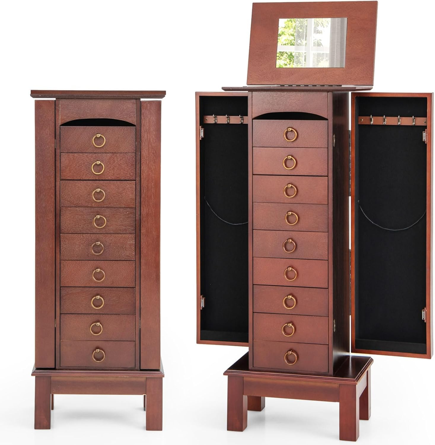 NAFORT Jewelry Armoire with Top Flip Vanity Mirror, Jewelry Cabinet with 9 Drawers and 2 Side Doors for Necklace, Large Storage Capacity Jewelry Organizer and Storage, Walnut