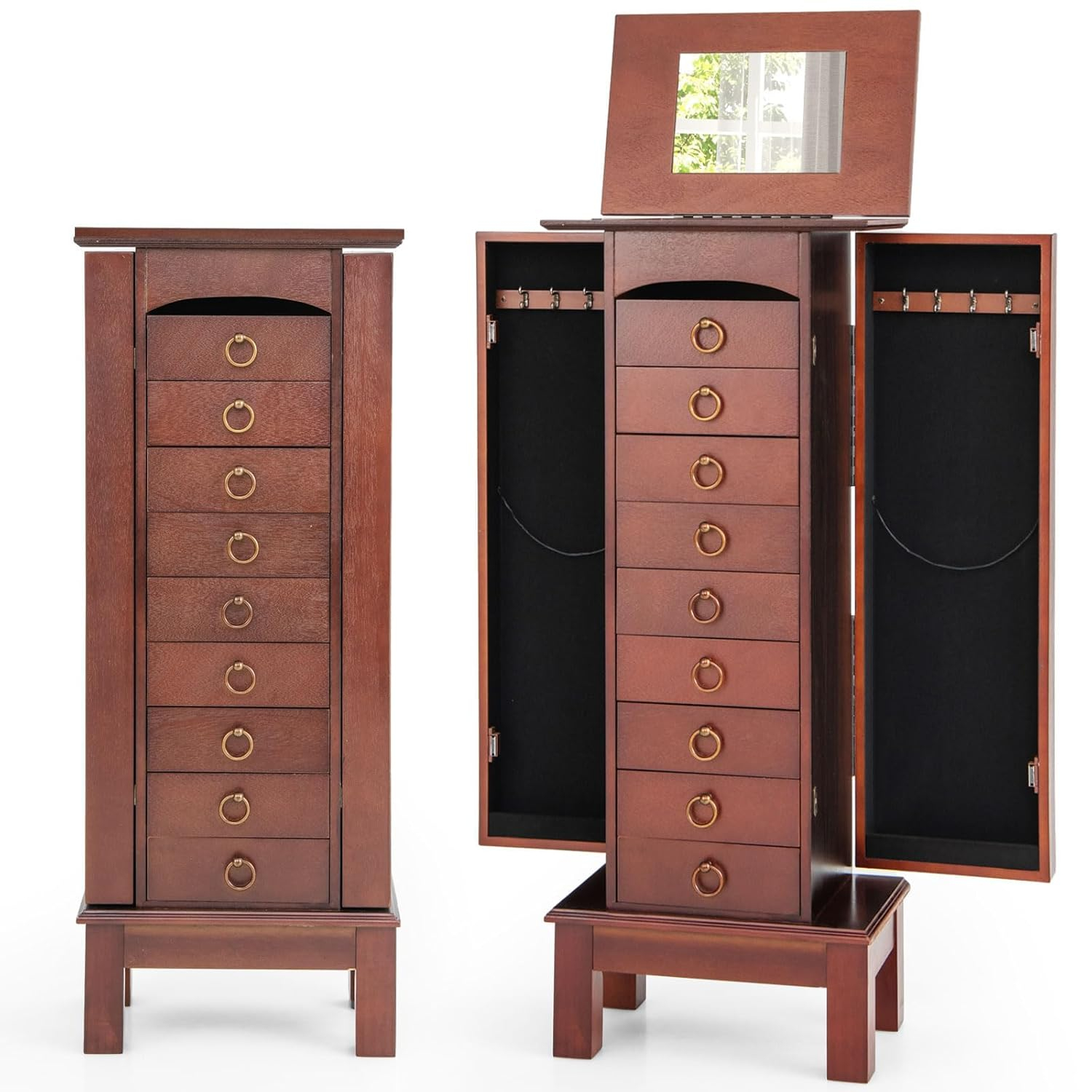 NAFORT Jewelry Armoire with Top Flip Vanity Mirror, Jewelry Cabinet with 9 Drawers and 2 Side Doors for Necklace, Large Storage Capacity Jewelry Organizer and Storage, Walnut