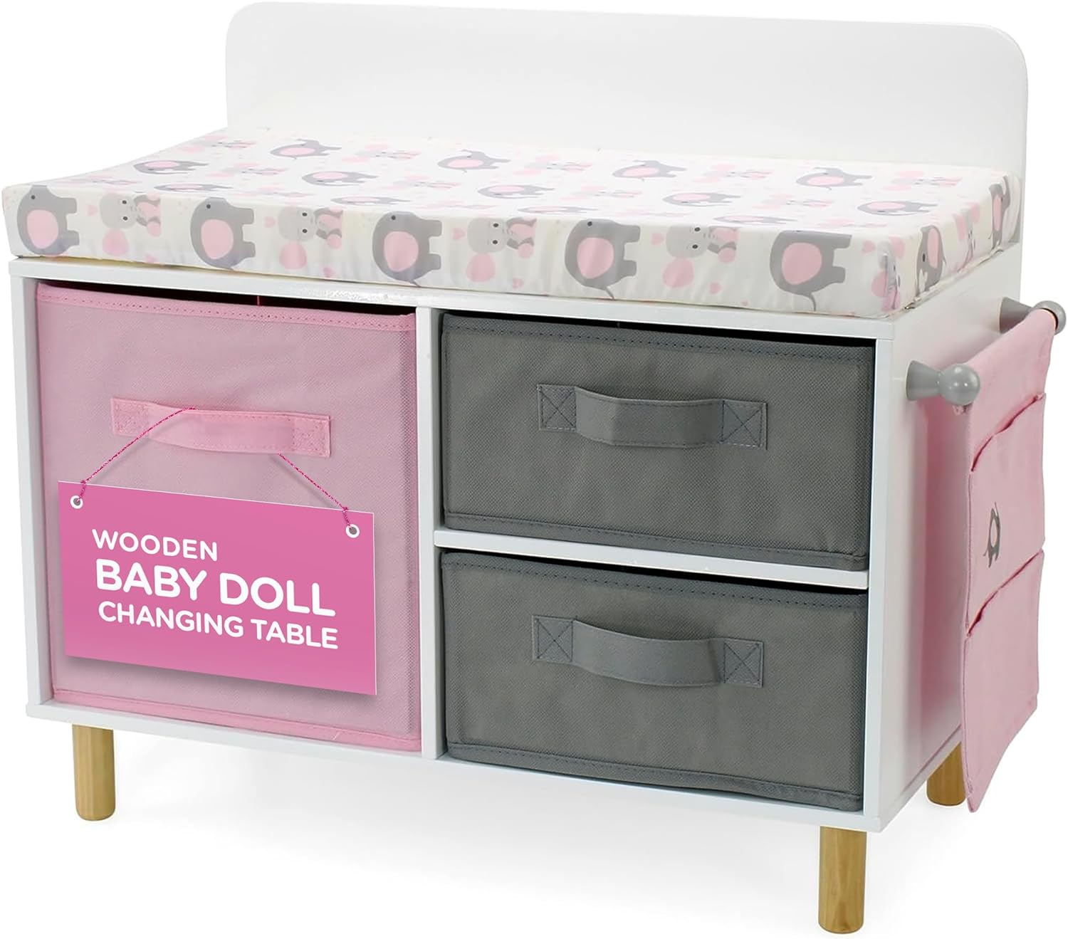 Emily Rose - Toy Baby Doll Crib Set for Little Girls, Changing Table Furniture with Clothes and Accessories Storage and Pockets, for 3+ Year Old Girls, Baby Doll Set and Accessories - White/Pink/Gray