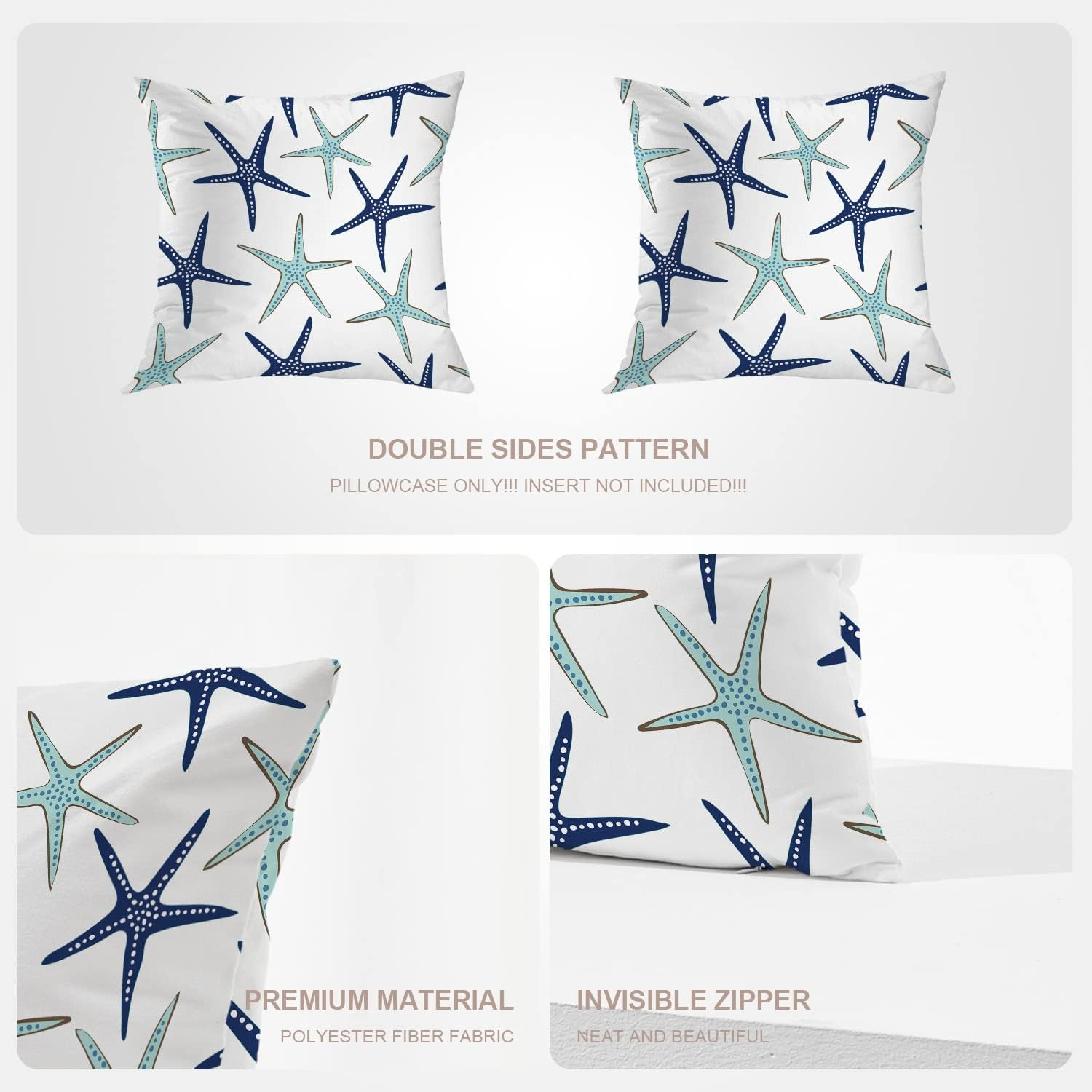 Sky Blue Nautical Starfish Throw Pillow Covers,Beachy Coastal White Navy Sea Star Cushion Cover Digital Blended Hidden Zipperl Decorative Pillowcases for Hair Skin Square 18X18 in 2 Pcs