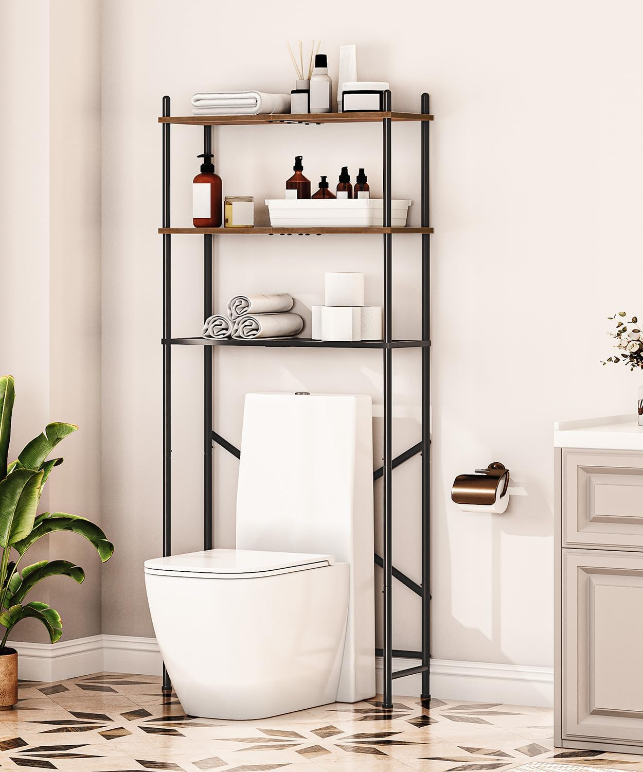 HOOBRO Over The Toilet Storage, 3-Tier Over Toilet Bathroom Organizer, Freestanding Above Toilet Shelf with Adjustable Feet, Space Saving, Easy Assembly, Rustic Brown and Black BF63TS01