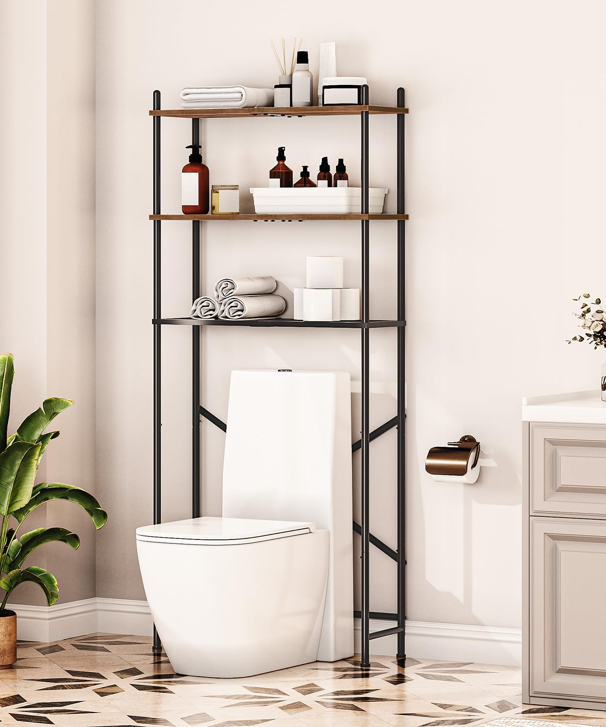 HOOBRO Over The Toilet Storage, 3-Tier Over Toilet Bathroom Organizer, Freestanding Above Toilet Shelf with Adjustable Feet, Space Saving, Easy Assembly, Rustic Brown and Black BF63TS01
