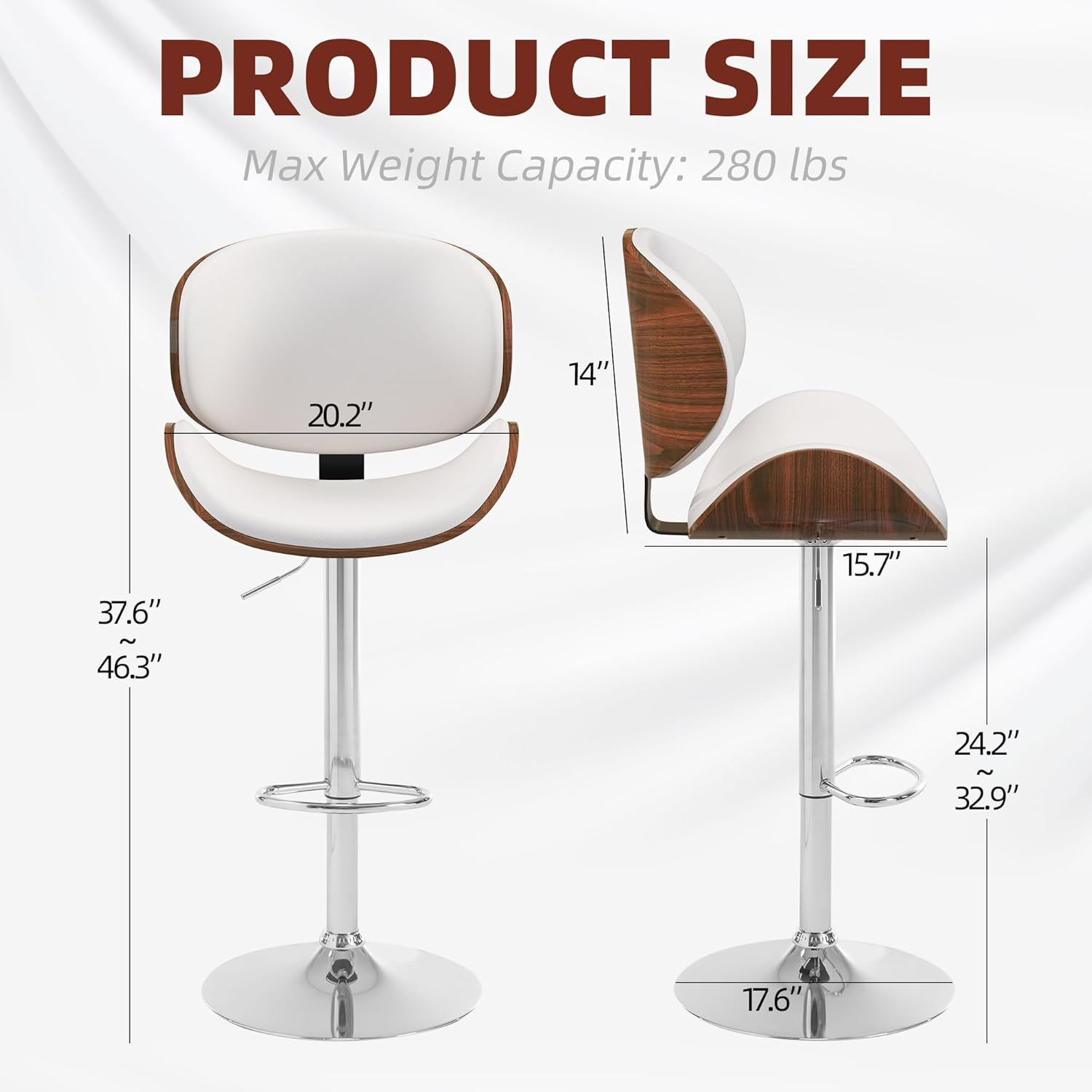 civama Bar Stools Set of 2 for Kitchen Counter, Adjustable Bar Height Chairs, Modern Swivel Barstools with Bentwood Seat and Back with Footrest, for Kitchen Island, Dining Room, White PU Leather