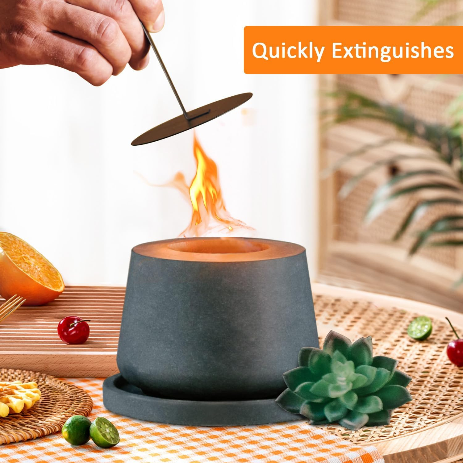 yoyomax 5.1in Table Top Fire Pit Bowl Pot, Portable Concrete Rubbing Alcohol Small Tabletop Fire Pit with Metal Extinguisher and Base, Ethanol Fireplace, Indoor Outdoor Décor, Gray