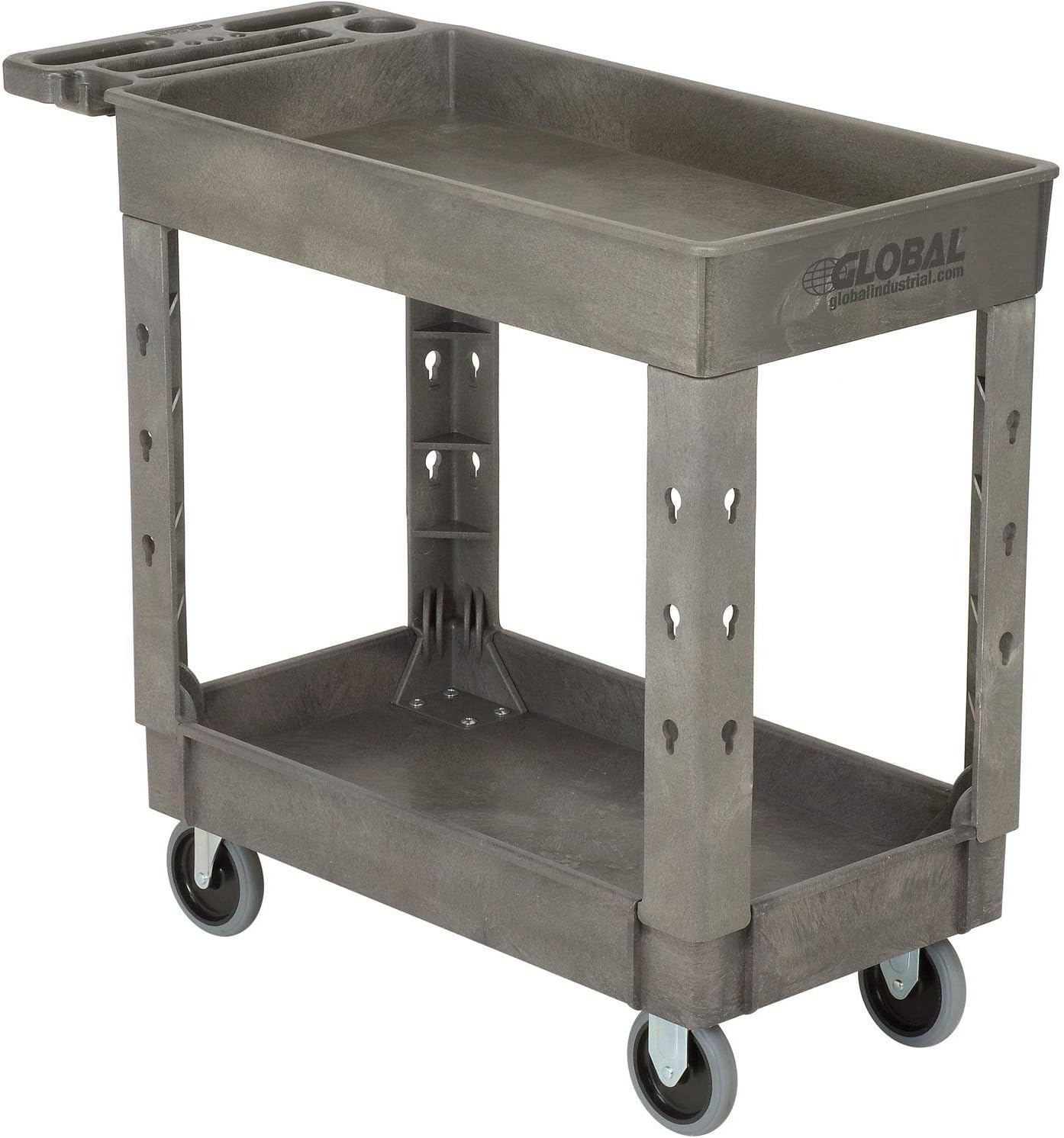 Strength Plastic 2 Flat Shelf Service & Utility Cart, 38 x 17.5, 5 in. Rubber Casters - Gray