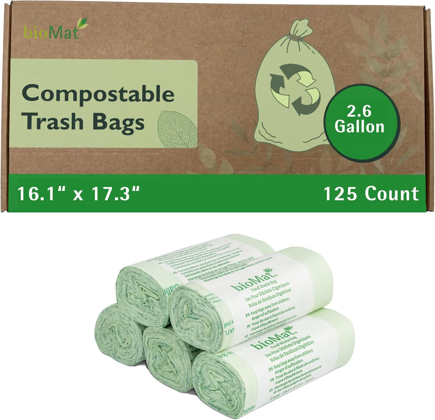 bioMat 2.6 Gallon Compostable Bags, 125 Count, Compostable Trash Bags for Countertop Bin, BPI ASTM 6400