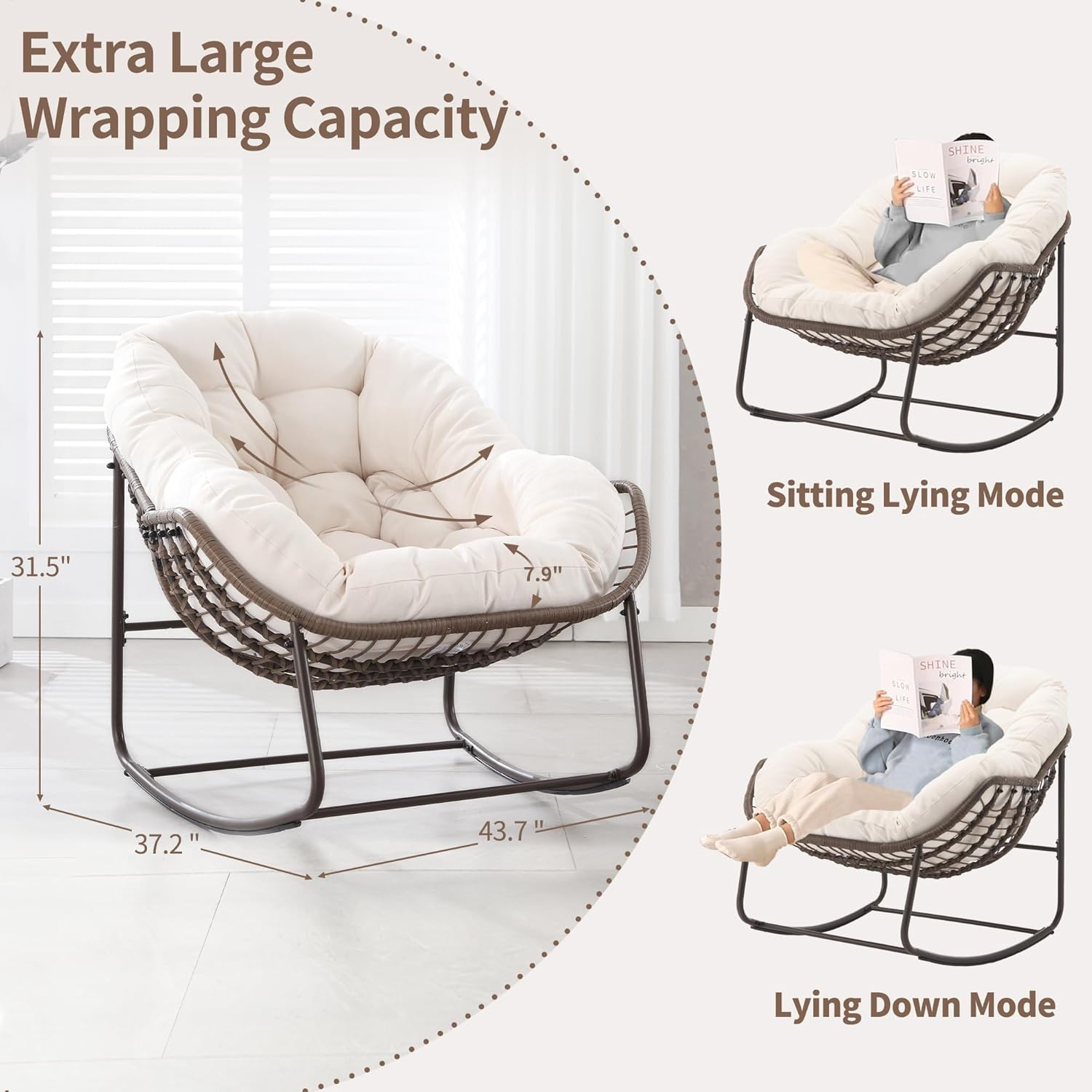 Outdoor Papasan Rocking Chair - Oversized Comfy Patio Chair Set of 2 Indoor Egg Royal Double Rattan Rocking Chair with Cushion for Front Porch Lounge Lawn Bedroom (Cream)