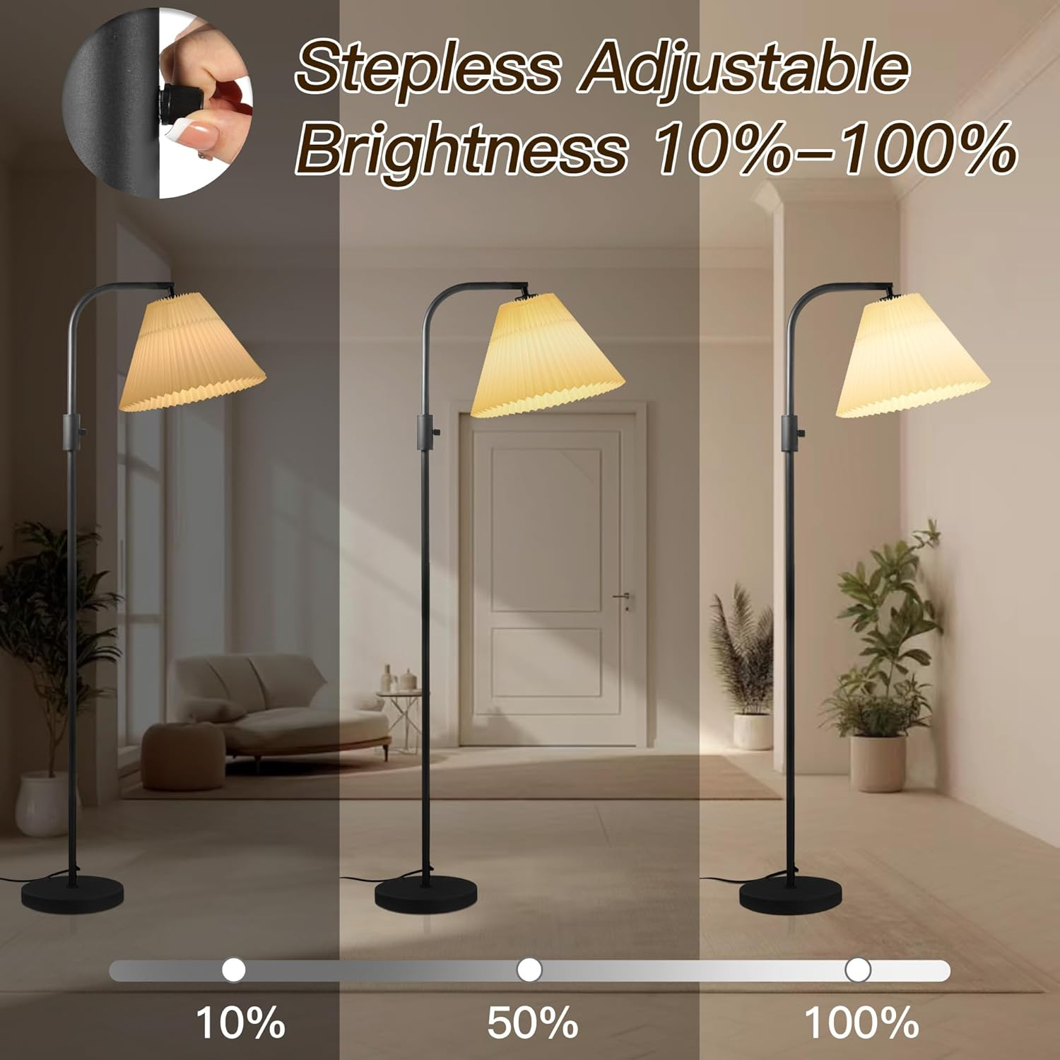 COFF Dimmable Floor Lamp, Arc Standing Lamp with 1000 Lumens LED Edison Bulb Included, Pleated Shade Modern Tall Pole Lamp for Living Room, Bedroom, Office, Color White