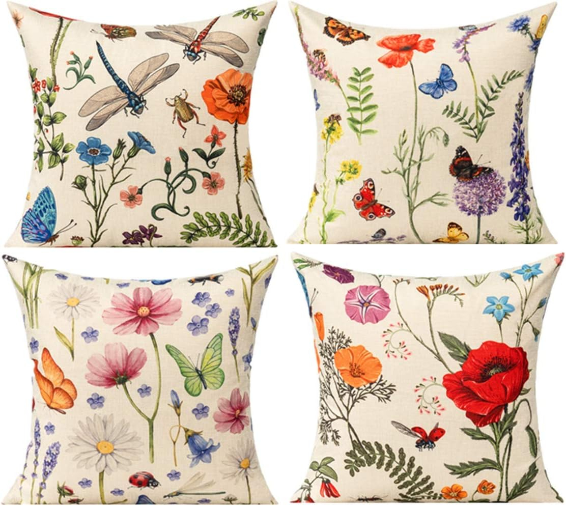 All Smiles Outdoor Patio Throw Pillow Covers 20x20 Set of 4 Spring Summer Garden Flowers Farmhouse Décor Outside Furniture Bench Chair Decorative Cushion Cases for Swing Deep Seat Bed Couch Sofa