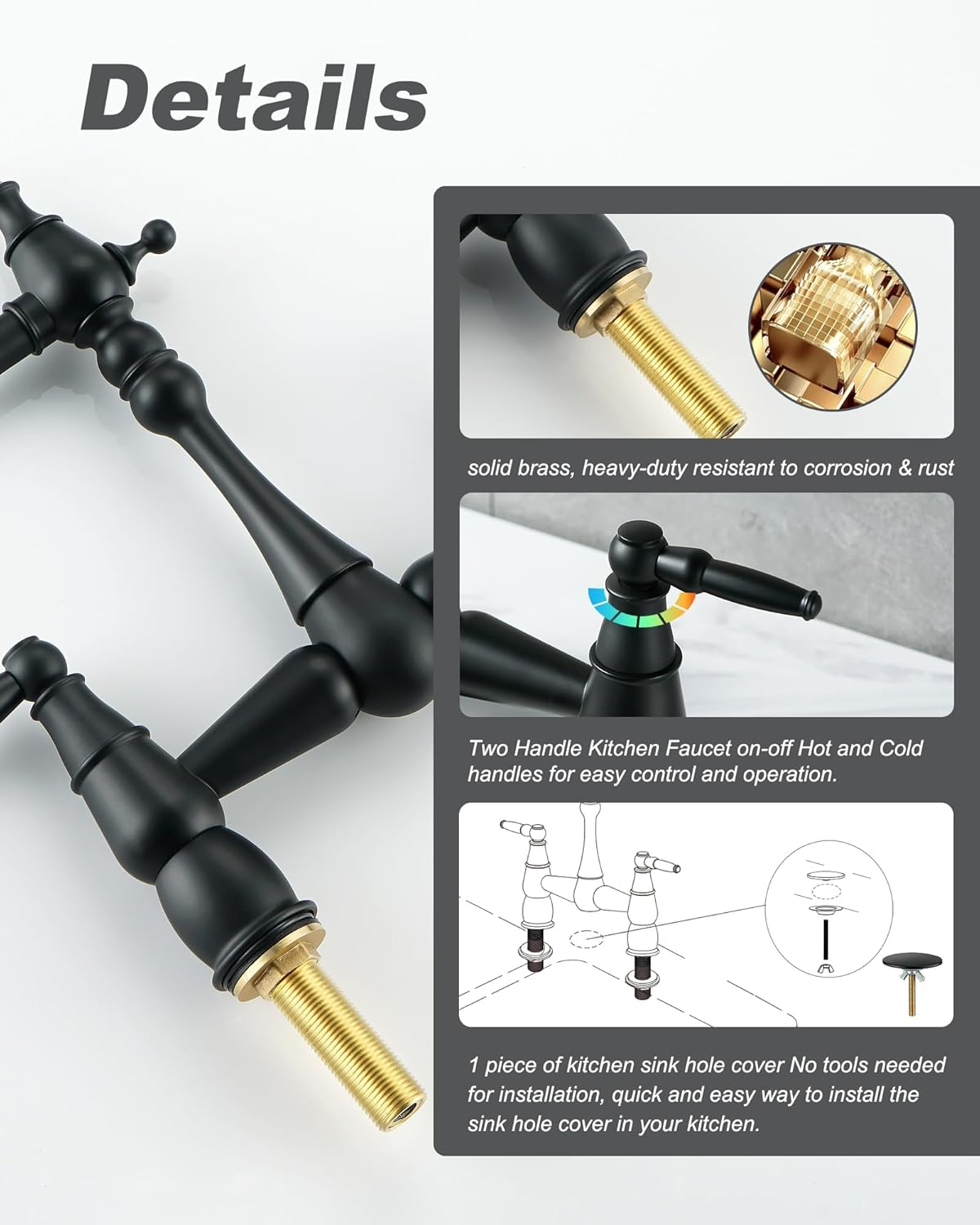 Double Handle Bridge Kitchen Faucet with Sink Hole Cover in Matte Black