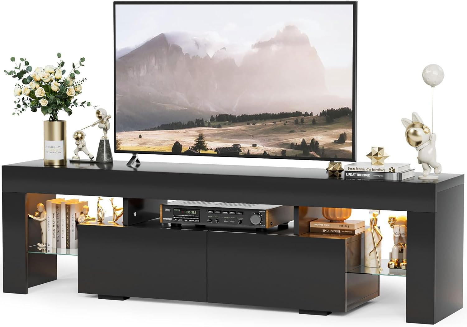 Homall  TV Stand for 65-Inch TV with Led Lights, High Gloss Cabinet and Storage Rack, Gaming Console Entertainment Center in Living Room Bedroom Media Floor,Black