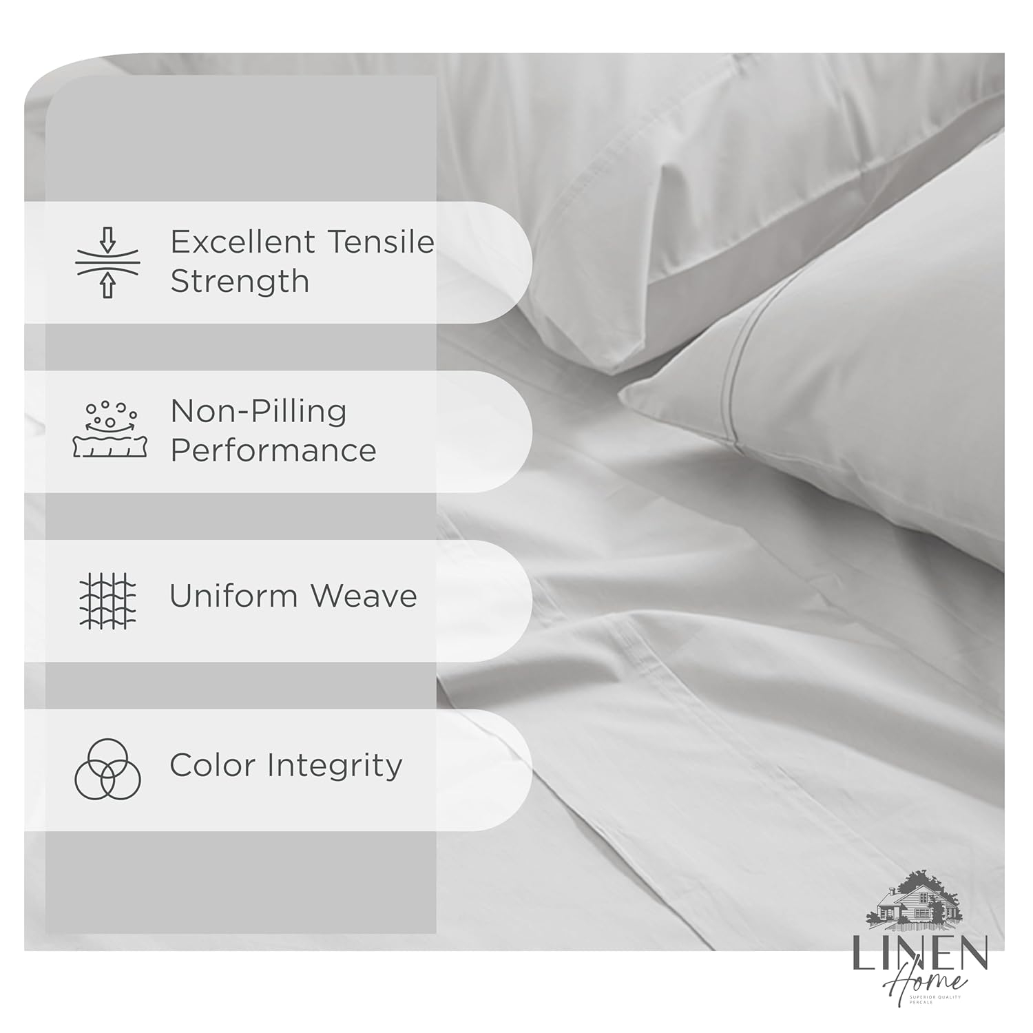 Linen Home 100% Cotton Percale Sheets Queen Size, Silver, Deep Pocket, 4 Pieces Set - 1 Flat, 1 Deep Pocket Fitted Sheet and 2 Pillowcases, Crisp Cool and Strong Bed Linen