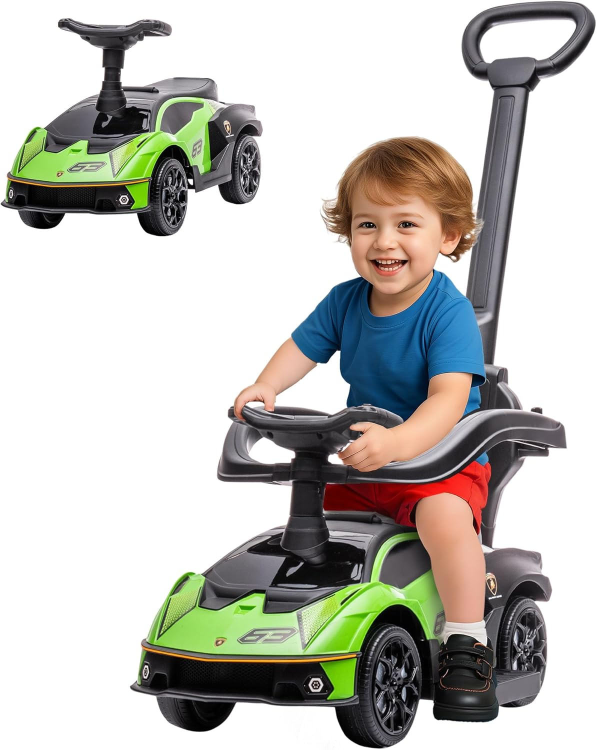 Aosom 2-in-1 Ride On Push Car for Toddlers 1-3, Licensed Lamborghini Stroller Sliding Car, Push-Along with Under Seat Storage Horn Engine Sound and Steering Wheel, Manual, Green