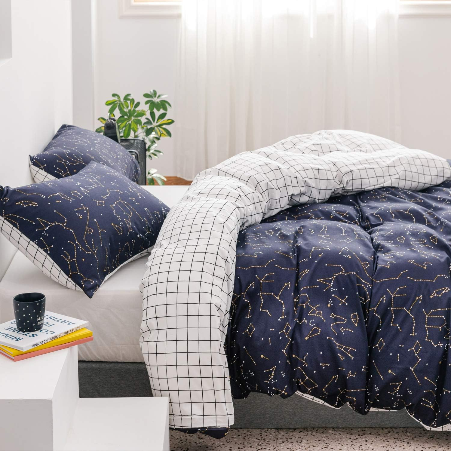ECOCOTT Duvet Cover King, 3 Pieces 100% Natural Cotton 1 Duvet Cover +2 Pillowcases Bedding Set,Navy and Cosmic Constellation Reversible Printed Pattern Breathable and Durable Duvet Cover King Size