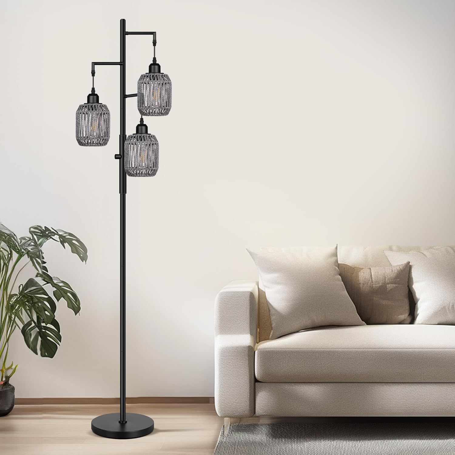 ROTTOGOON Dimmable Boho Floor Lamp - 3 Light Farmhouse Rattan Floor Lamp for Living Room, Industrial Tree Floor Lamps with 3 X 6W LED Bulbs, Rustic Standing Tall Lamp for Bedroom, 68", Black + Gray