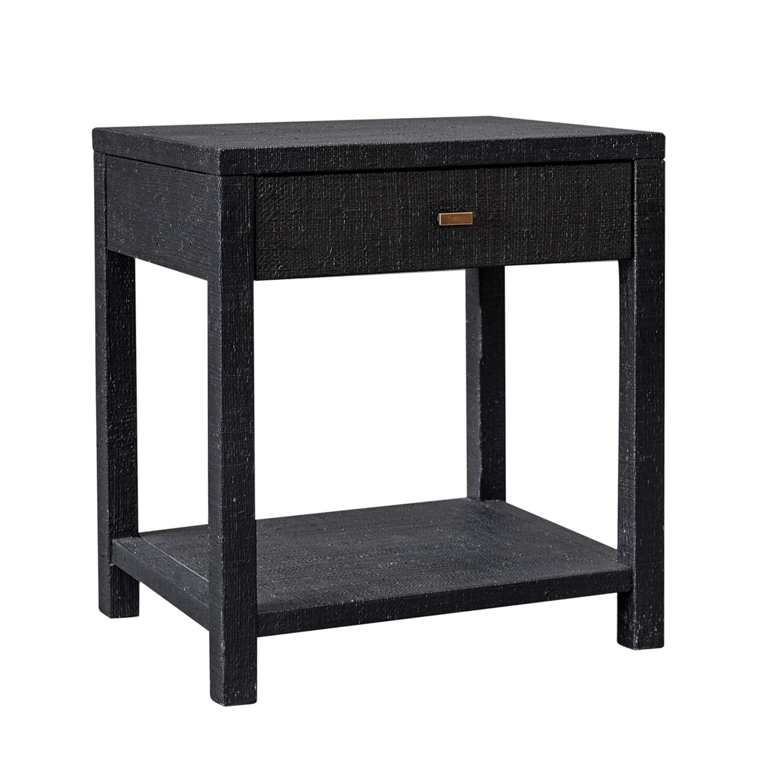 East at Main Indigo Road by Egypt Sherrod Gia Black Bedside Table with Drawer & Open Shelf – Modern Wood Nightstand for Bedroom Storage, Handcrafted Raffia Accent Table