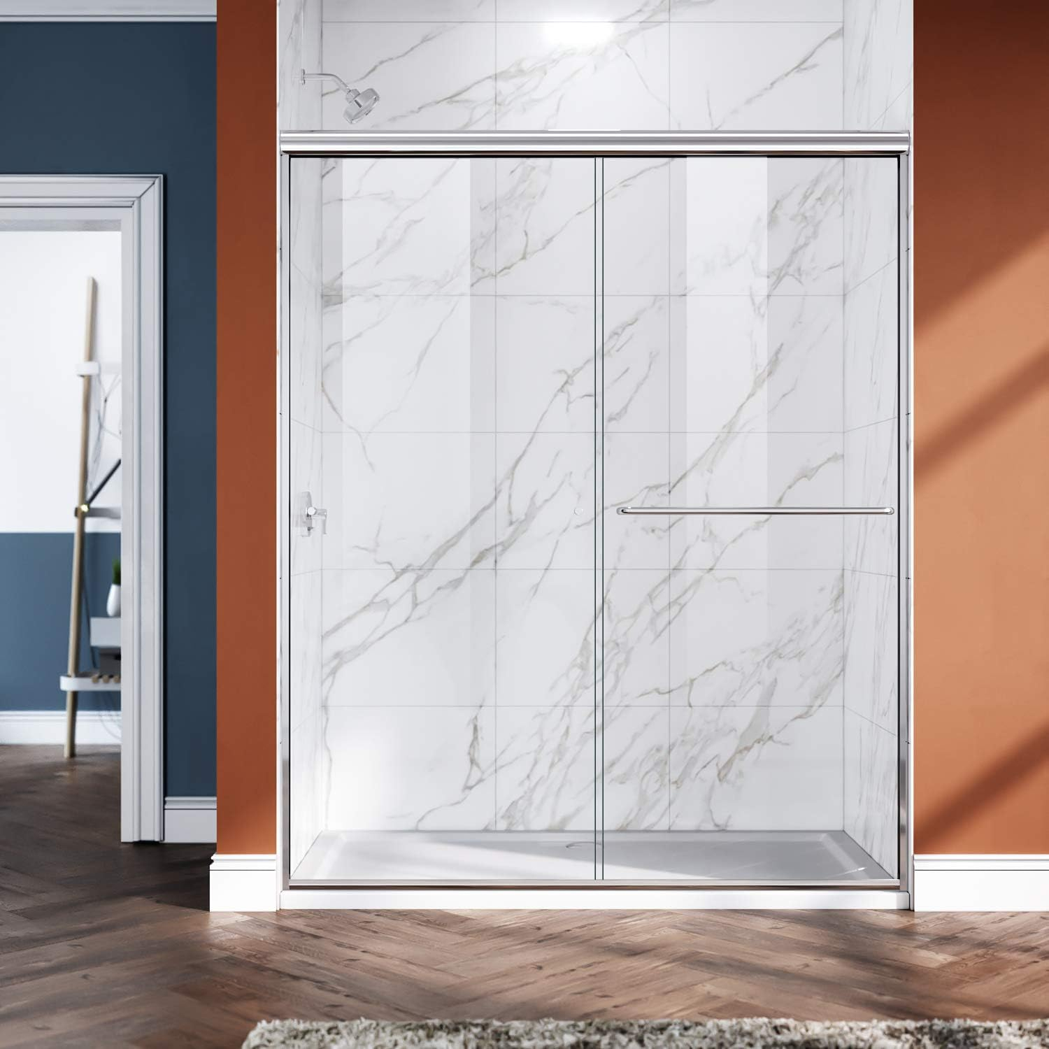 ELEGANT Shower Doors 46.5-48" W x 72 in. H, Semi-Frameless Bypass Sliding Shower Door, 1/4 in. Clear Glass Shower Enclosure, Chrome Finish