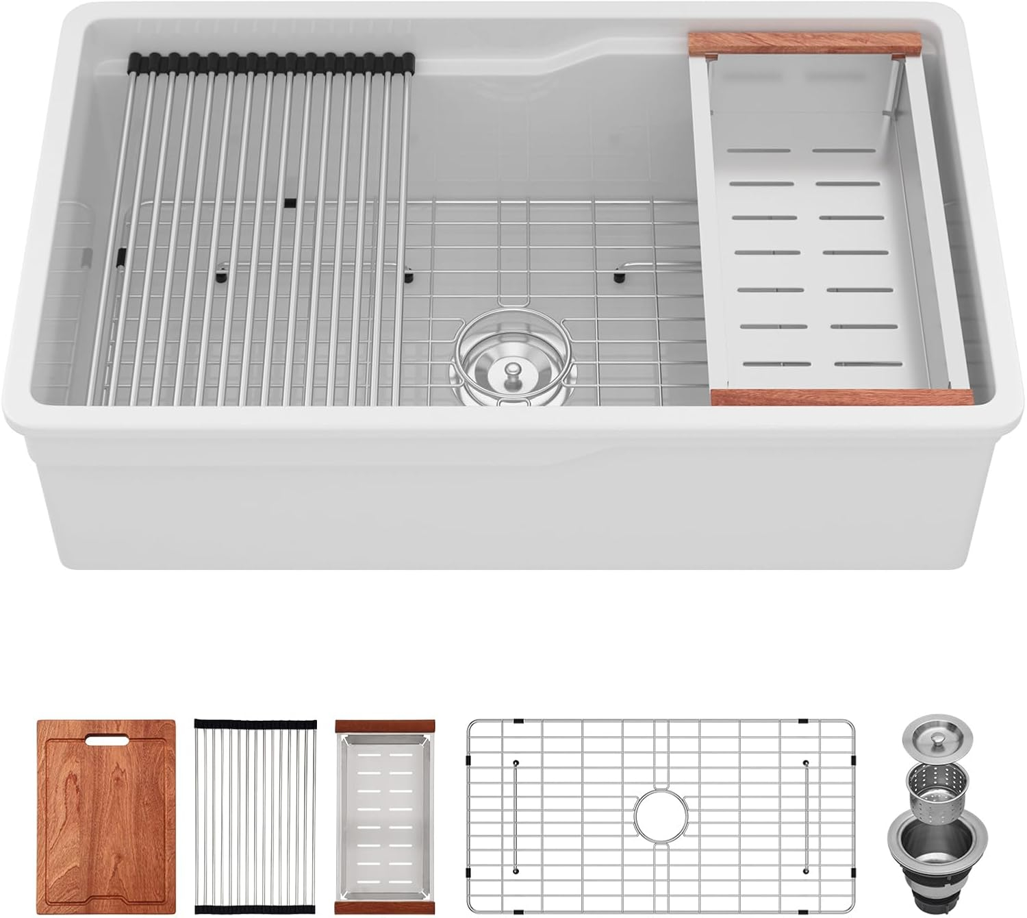 Sarlai White Workstation Kitchen Sink 32 Inch White Undermount Kitchen Sink Ceramic Sinks Drop In Single Bowl Ledge Workstaion Topmount Fireclay Basin 32 x19 x10 Inch