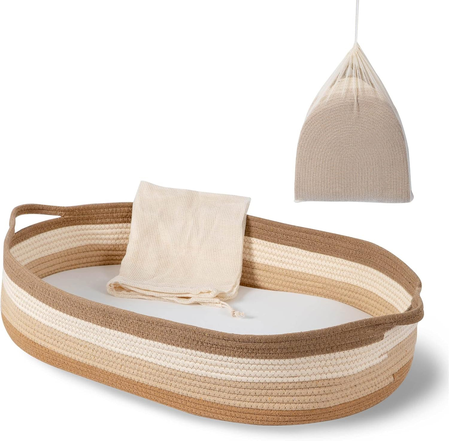 Baby Changing Basket in Boho Rainbow Color - Changing Table Topper and Thick Foam Pad with Removable Cotton Mattress Cover, 100% Cotton