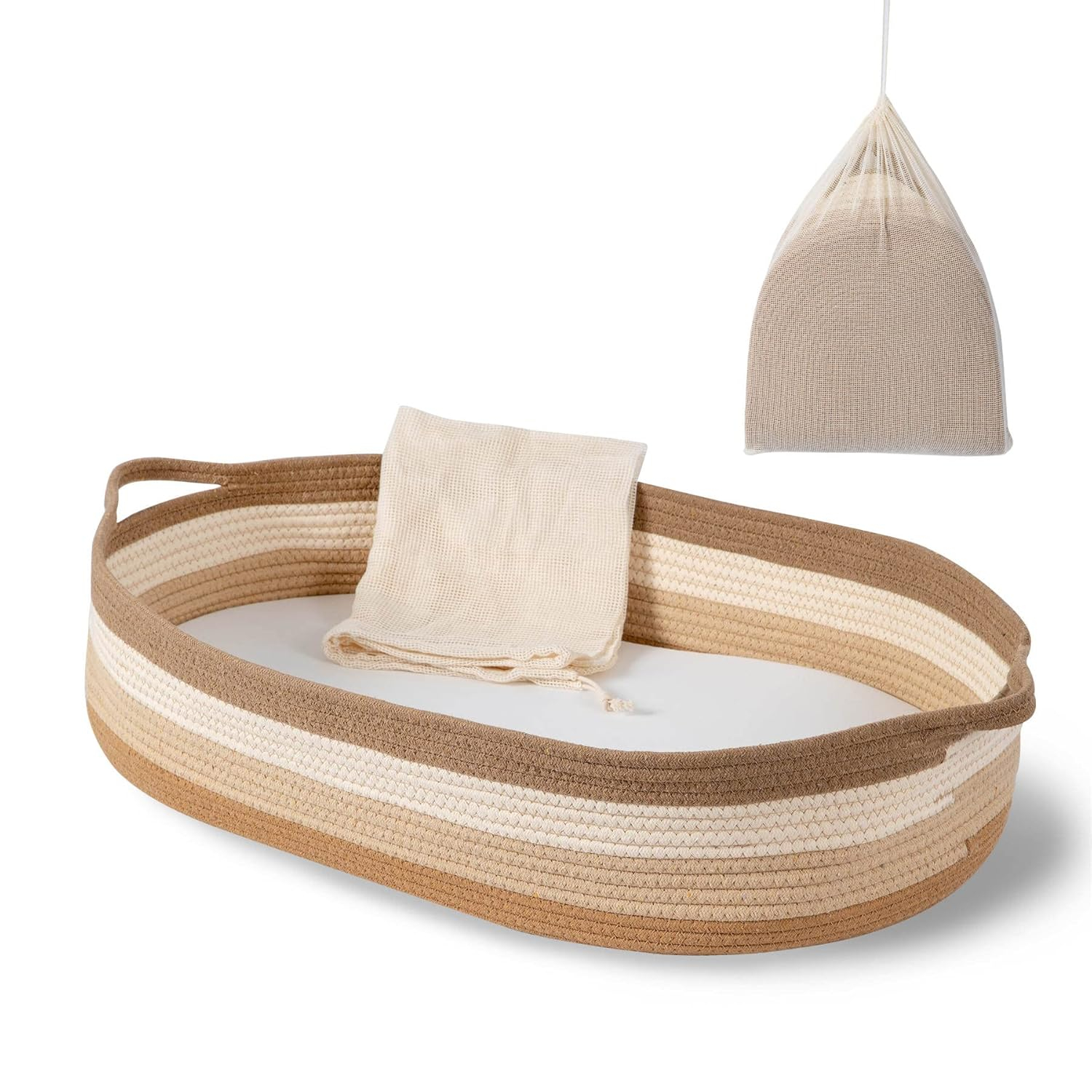 Baby Changing Basket in Boho Rainbow Color - Changing Table Topper and Thick Foam Pad with Removable Cotton Mattress Cover, 100% Cotton