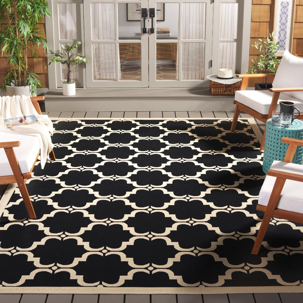 SAFAVIEH Courtyard Estelle Geometric Indoor/Outdoor Area Rug, 9' x 12', Black/Beige