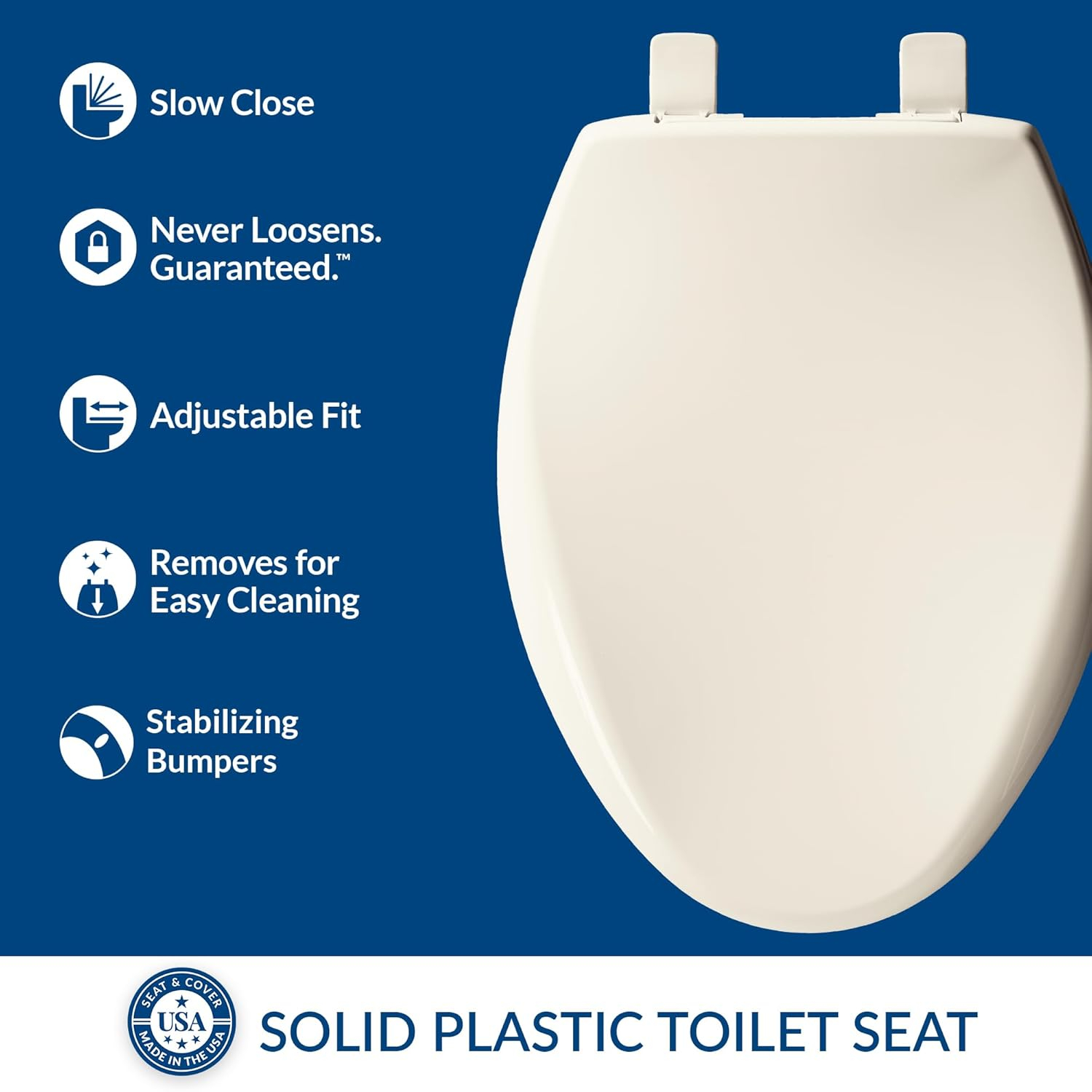 Bemis Aurora Slow Close Toilet Seat, Easy Clean Hinges and Adjustable Perfect Fit Plastic Seat, Made in USA, Elongated, Biscuit