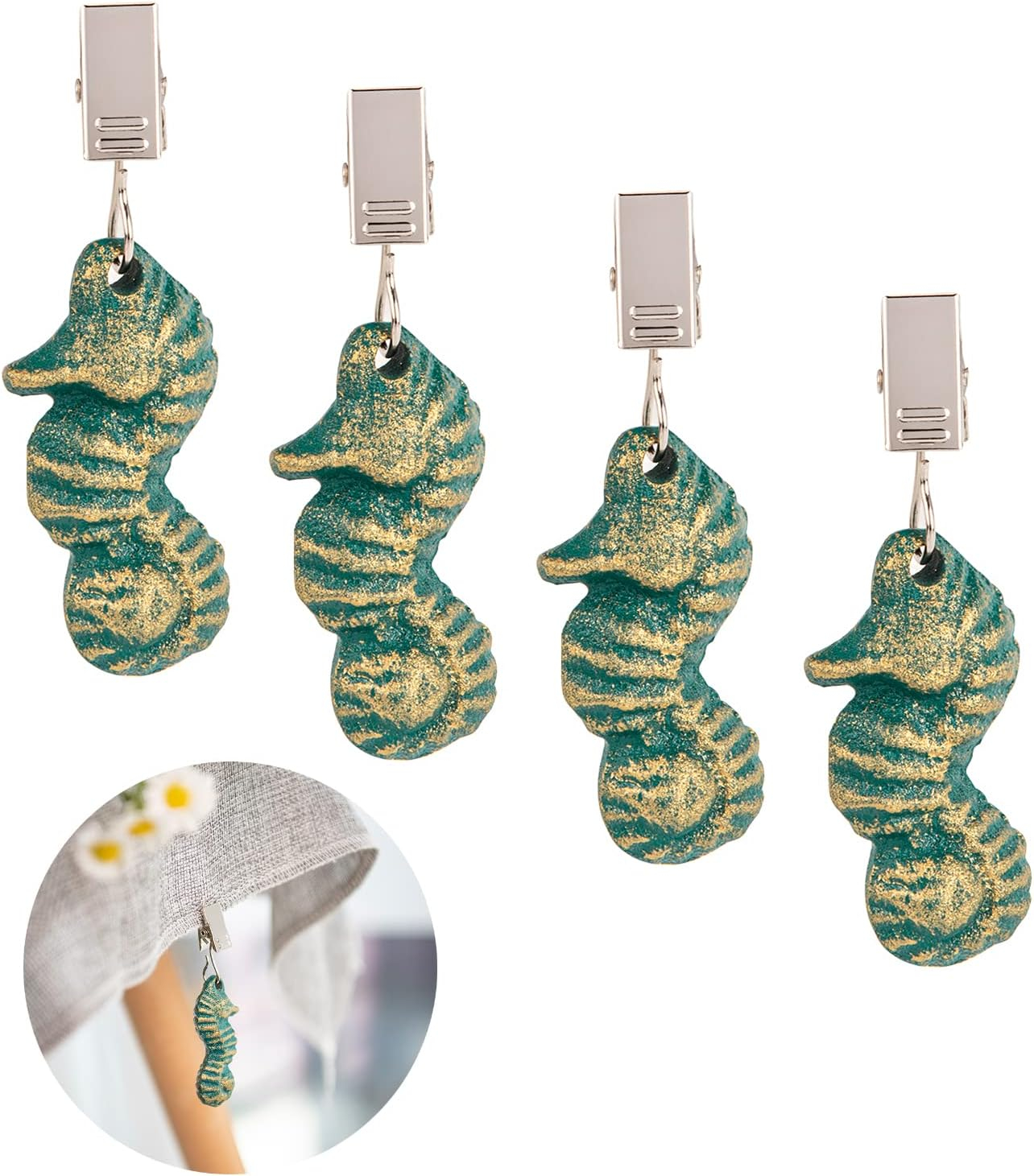 Antique Green and Gold Cast Iron Sea Horse Tablecloth Weights