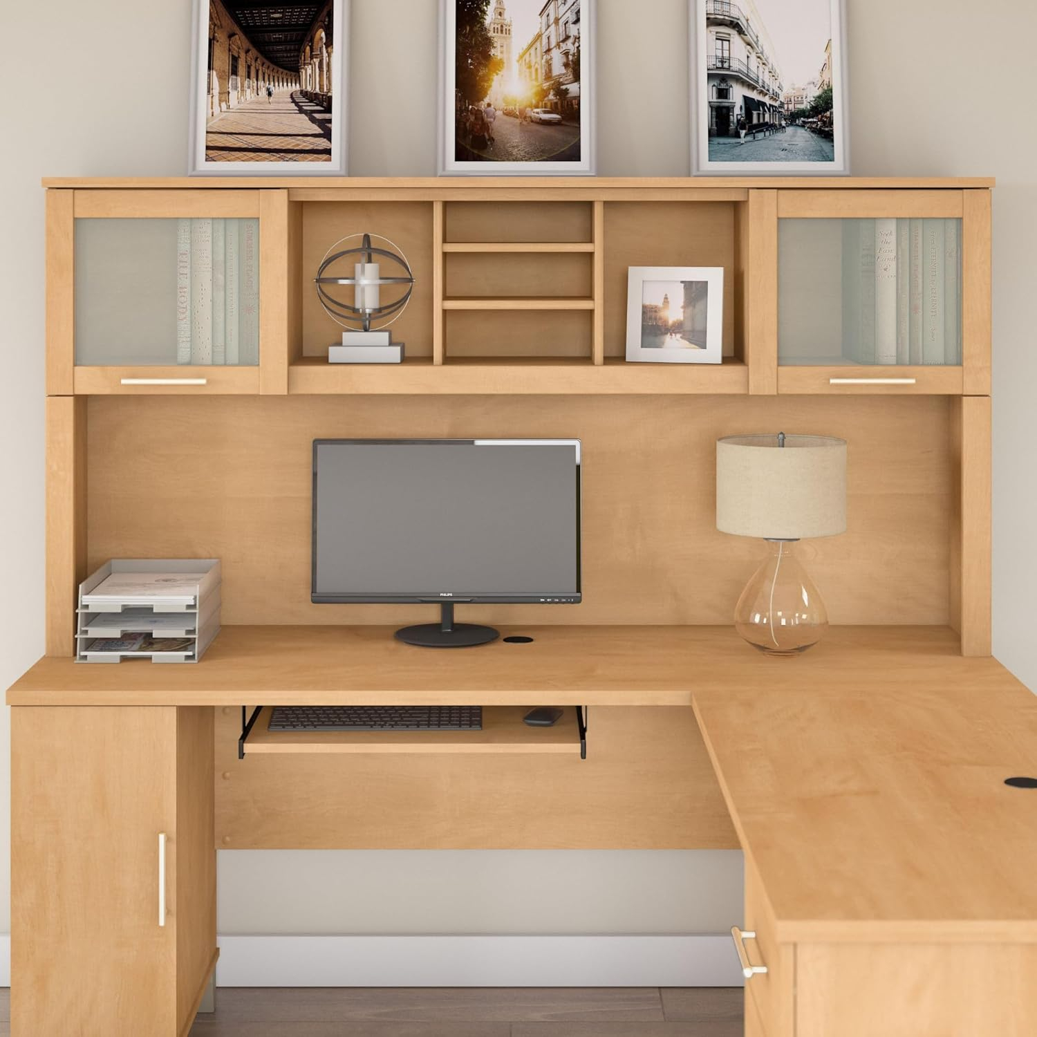 Bush Somerset 72in 2-Door Hutch with Cubbies in Maple Cross - fits on 72W L Desk or 72W Office Desk (sold Separately)