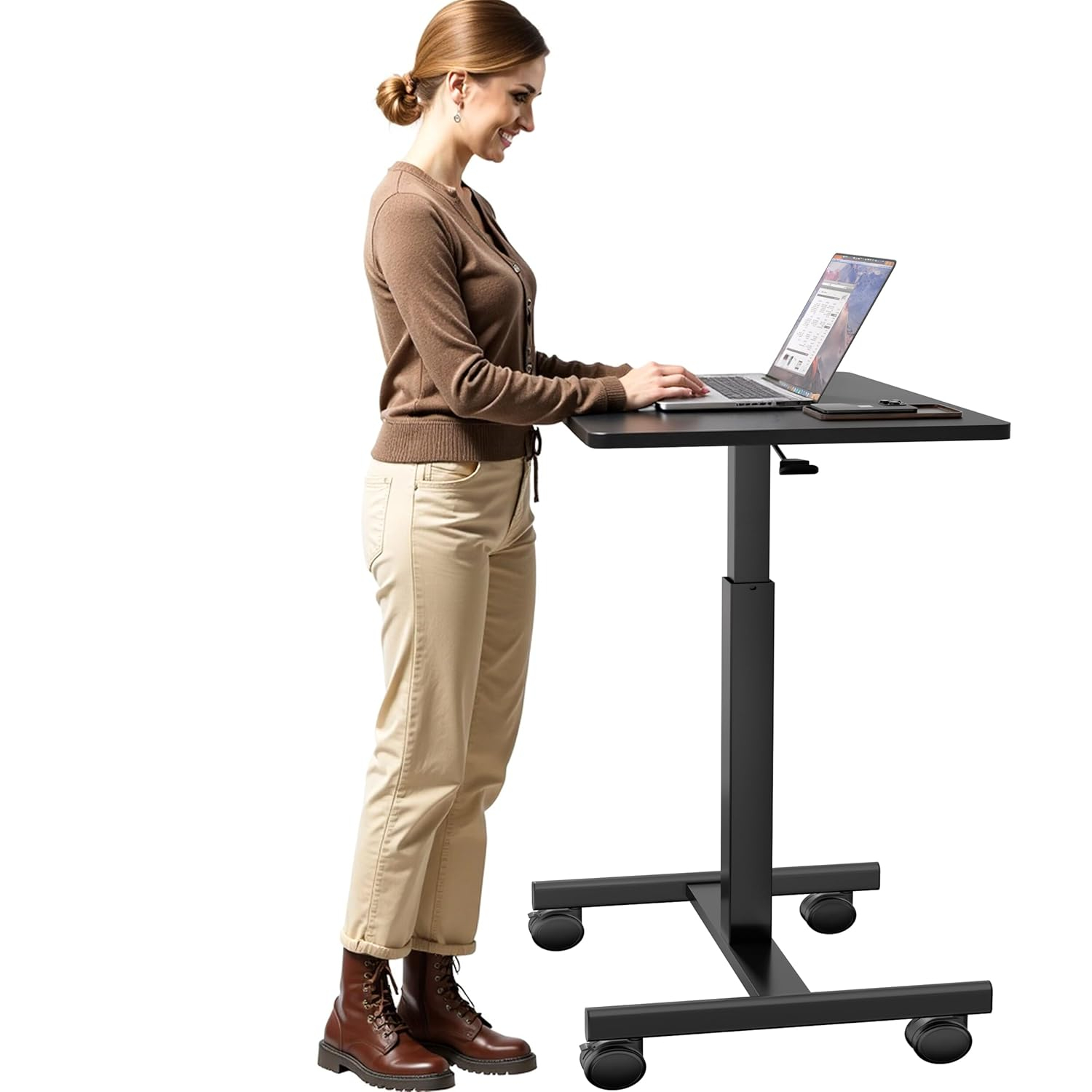 Mobile Laptop Standing Desk Adjustable Height, Small Mobile Desk Workstation with Wheels, Portable Rolling Computer Desk Cart for Home Office Classroom (Black)