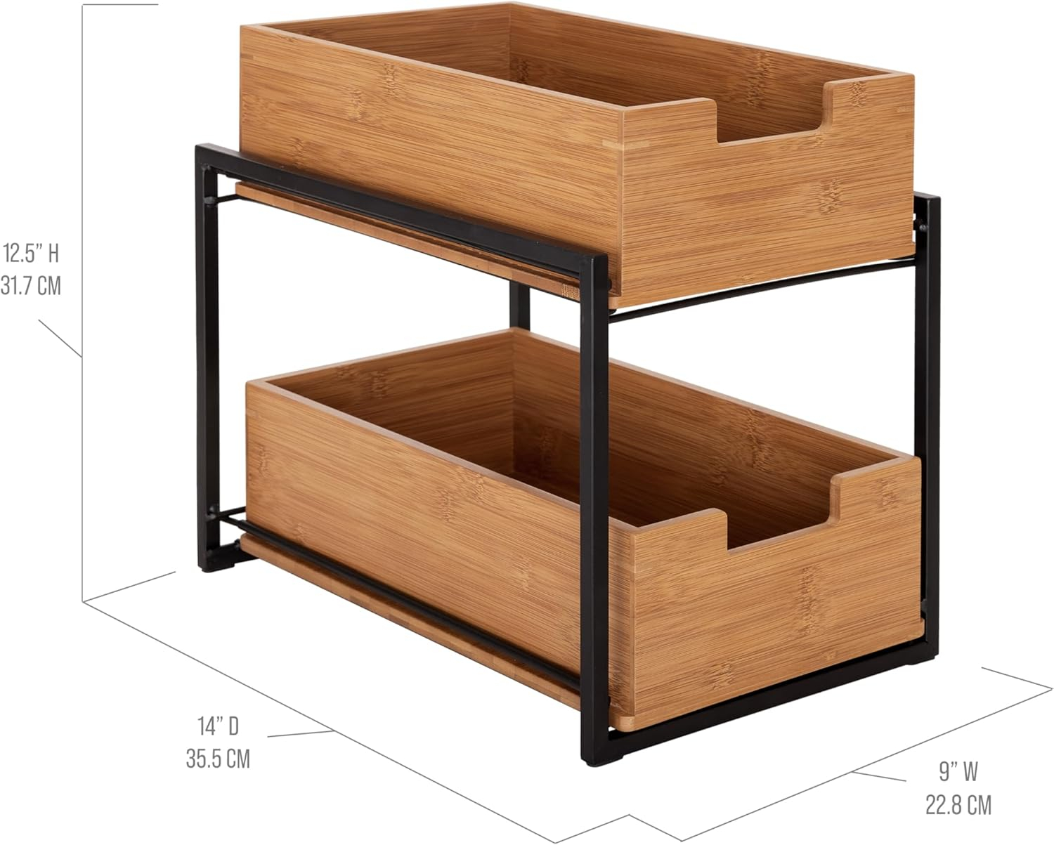 Seville Classics Bamboo Premium Organizer Storage Bins for Kitchen Silverware, Pantry, Closet, Office Desk, Pens, Utensils, Makeup, K Cup, Bamboo, 2-Tier Bin Set, Black